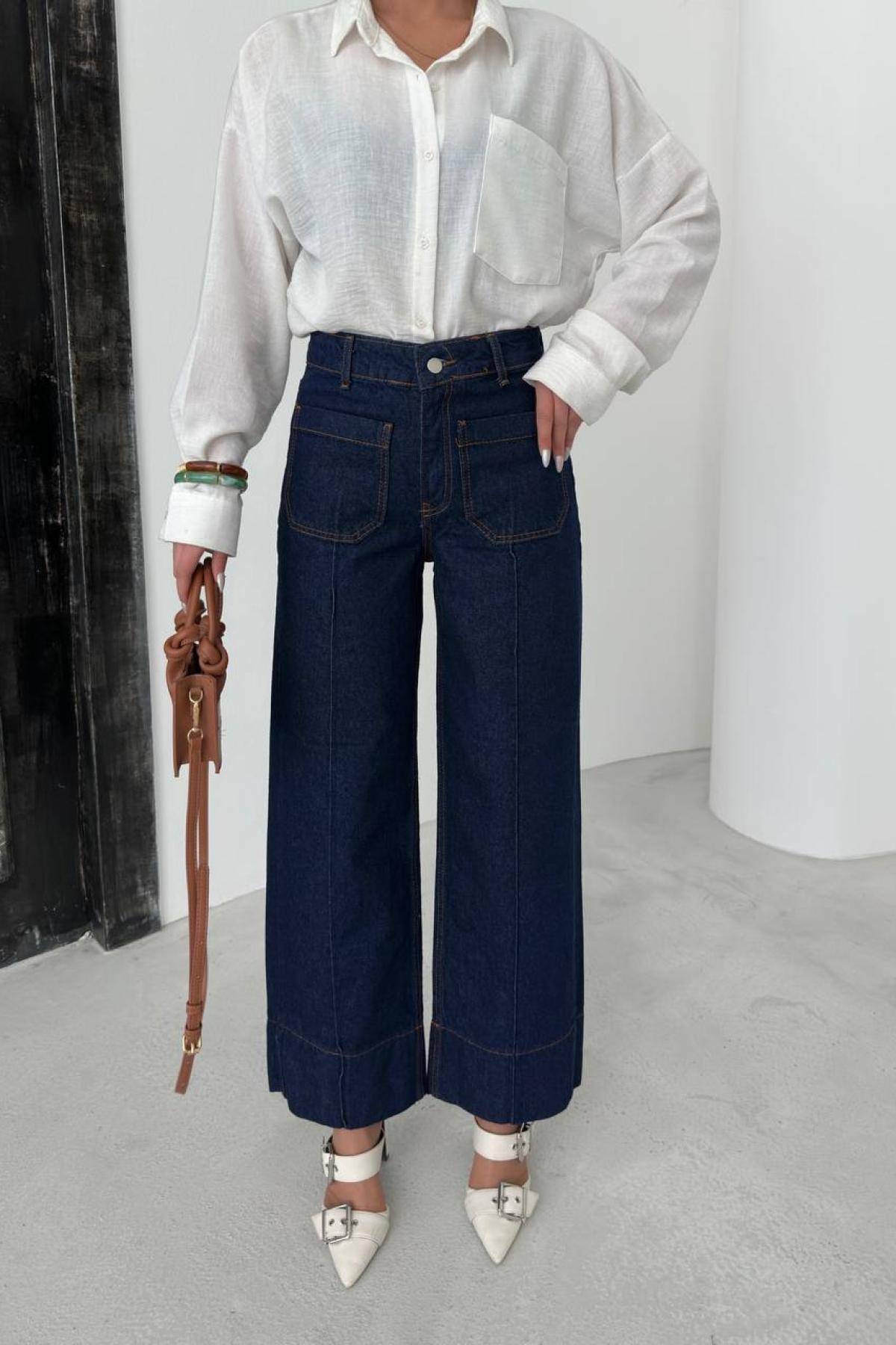 Wholesale Women Navy Front Pocket Wide Leg Jeans 731157