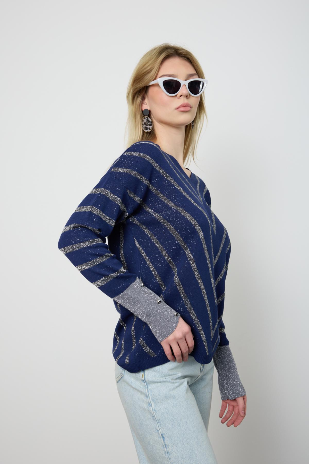 Wholesale Women Navy Glitter V Neck Knit Blouse with Buttons on Sleeves 724821