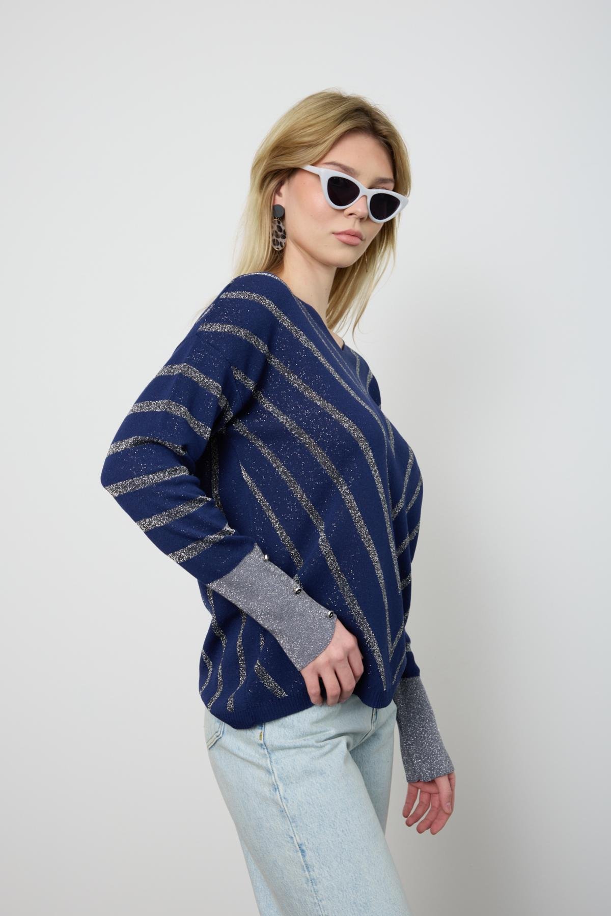 Wholesale Women Navy Glitter V Neck Knit Blouse with Buttons on Sleeves 724821