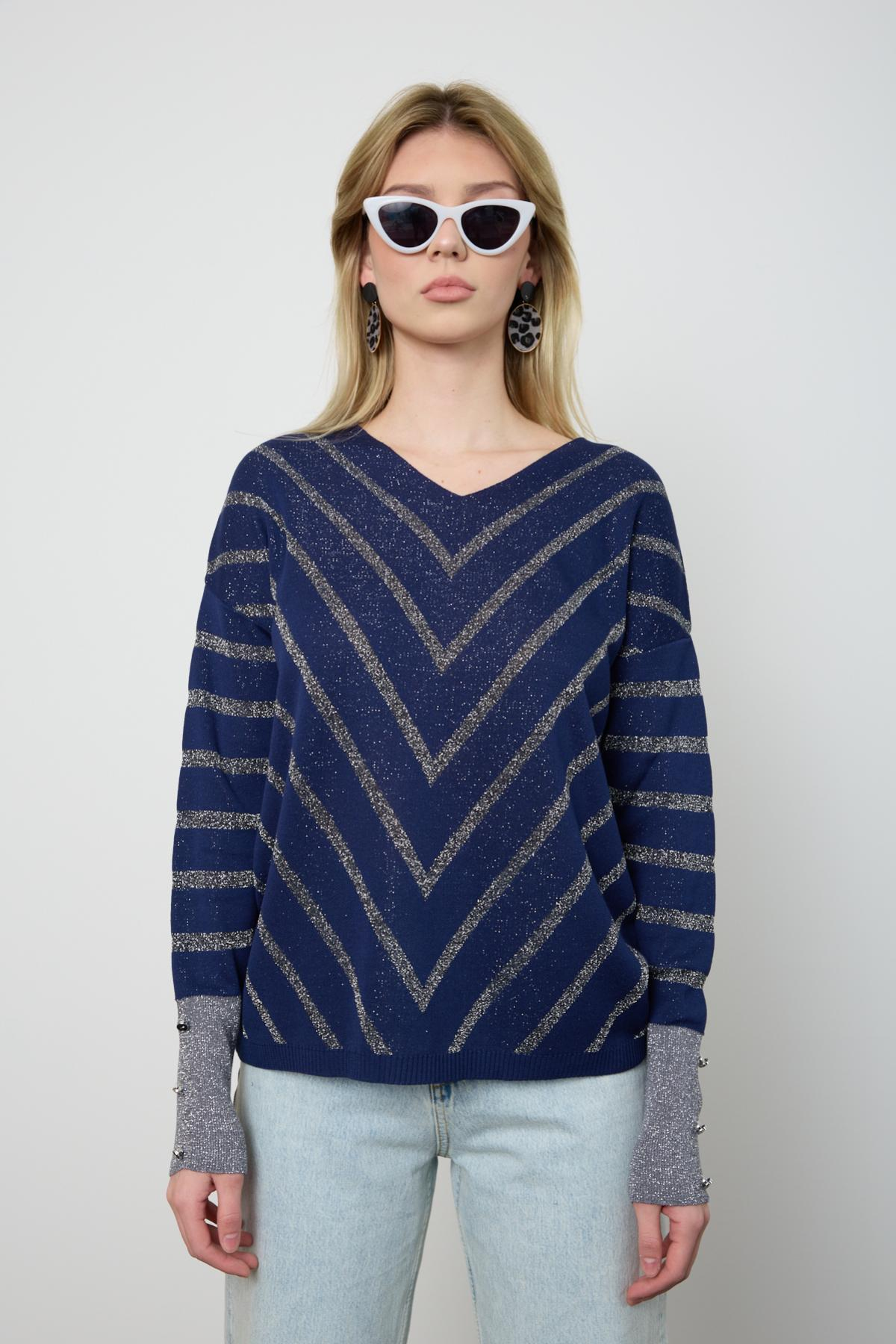 Wholesale Women Navy Glitter V Neck Knit Blouse with Buttons on Sleeves 724821