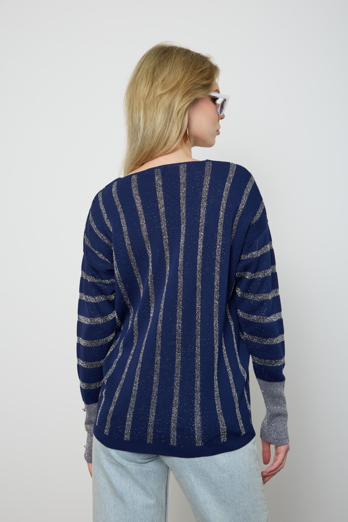 Wholesale Women Navy Glitter V Neck Knit Blouse with Buttons on Sleeves 724821