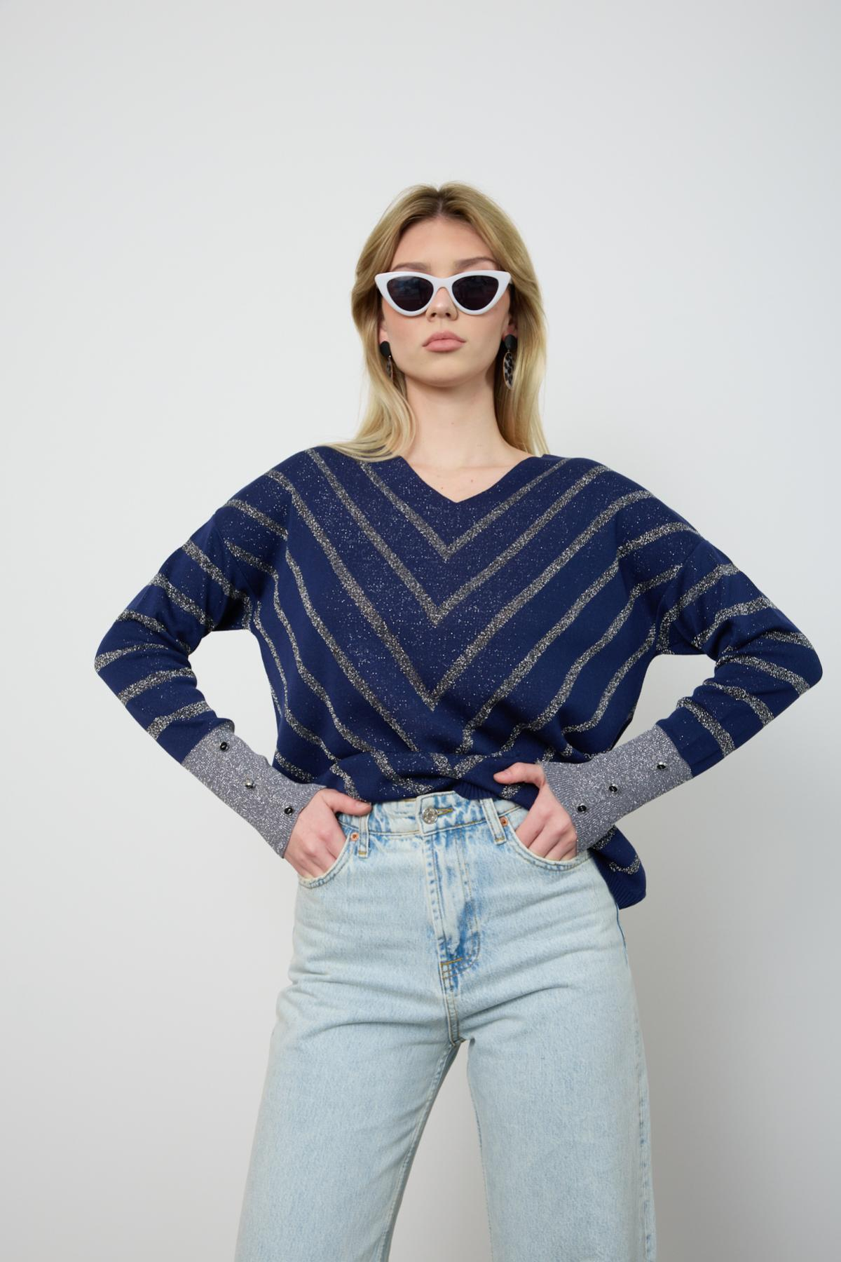 Wholesale Women Navy Glitter V Neck Knit Blouse with Buttons on Sleeves 724821
