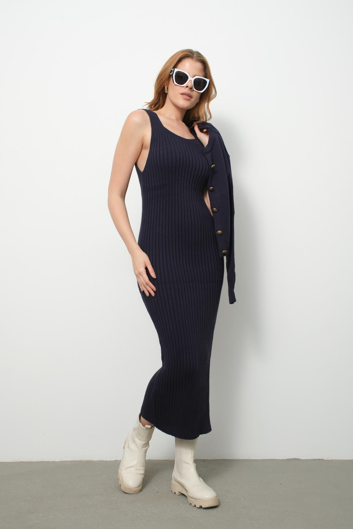 Wholesale Women Navy Knitted Dress and Cardigan Set 713309