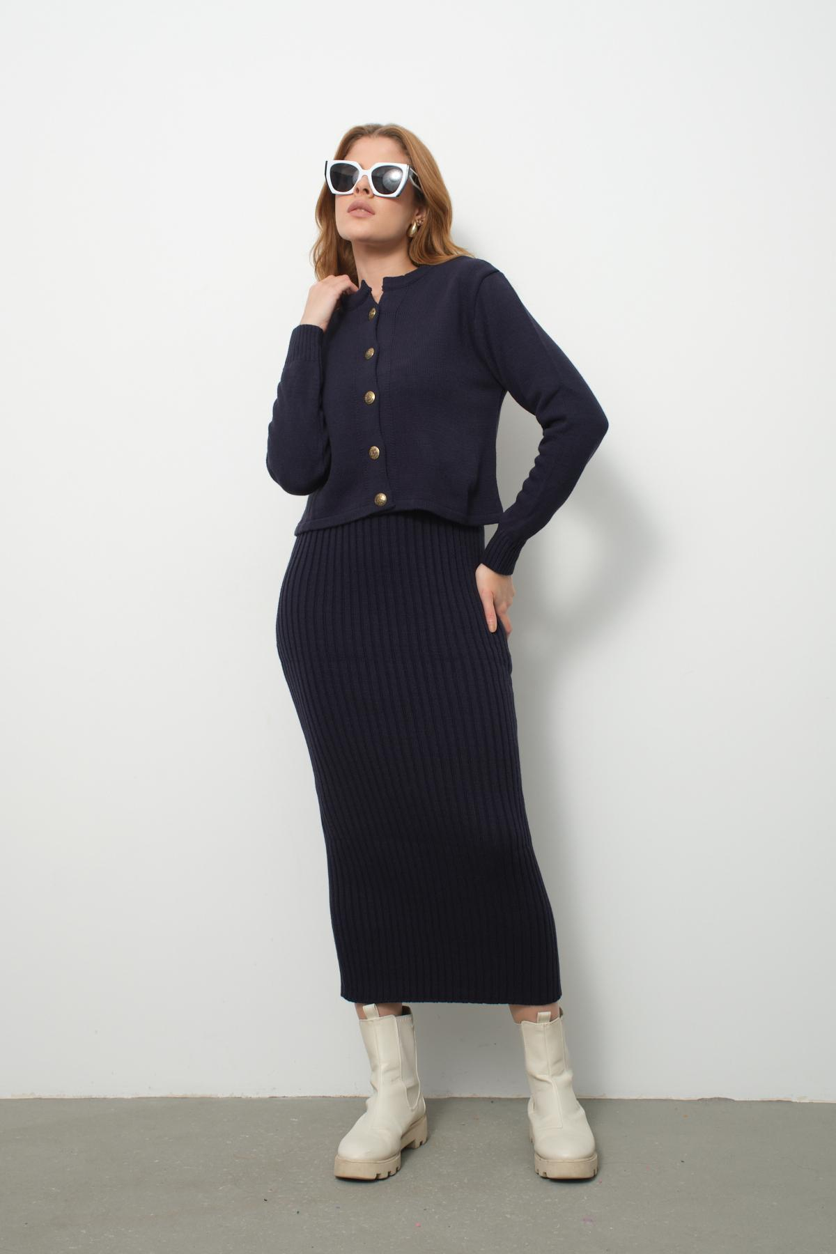 Wholesale Women Navy Knitted Dress and Cardigan Set 713309