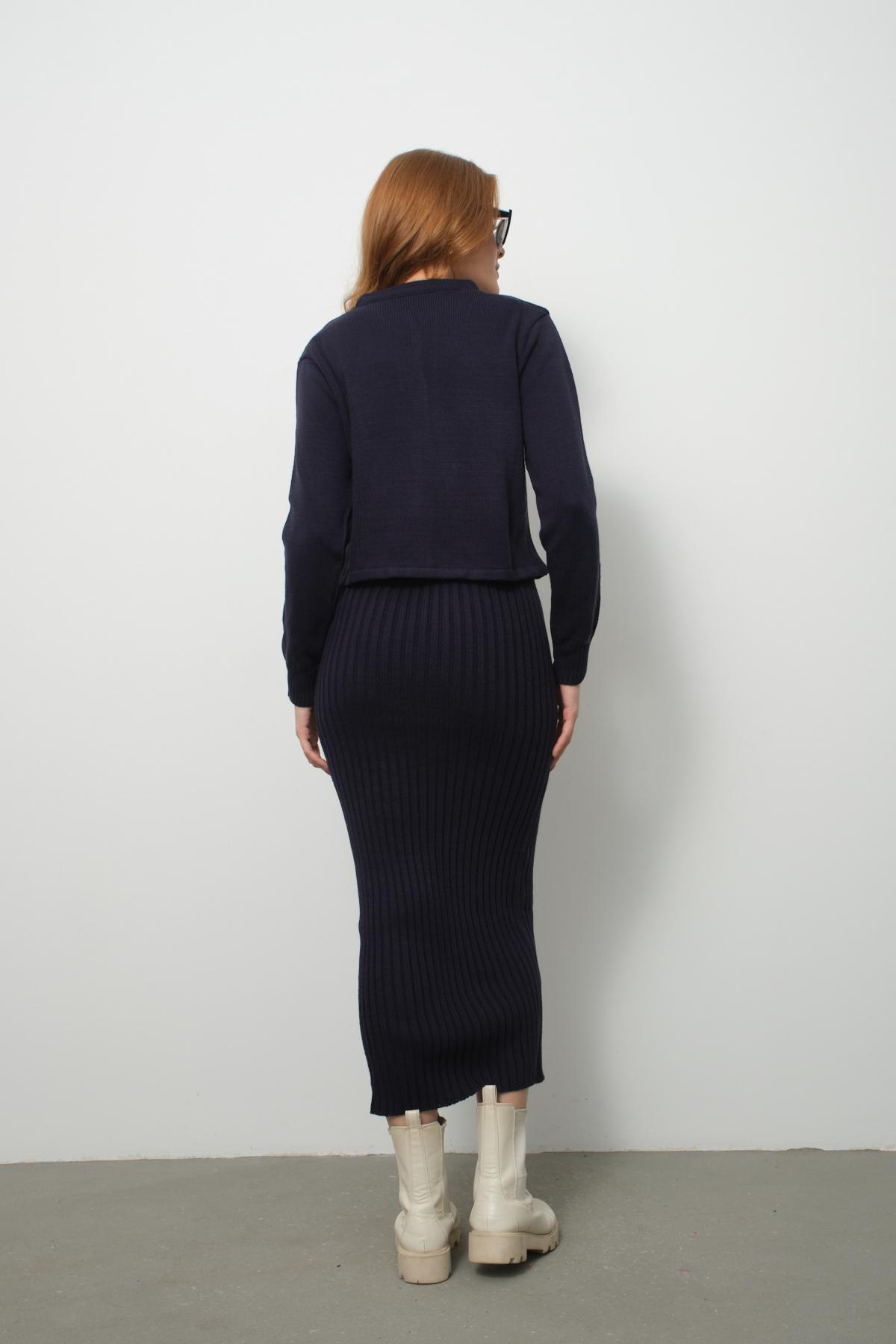 Wholesale Women Navy Knitted Dress and Cardigan Set 713309