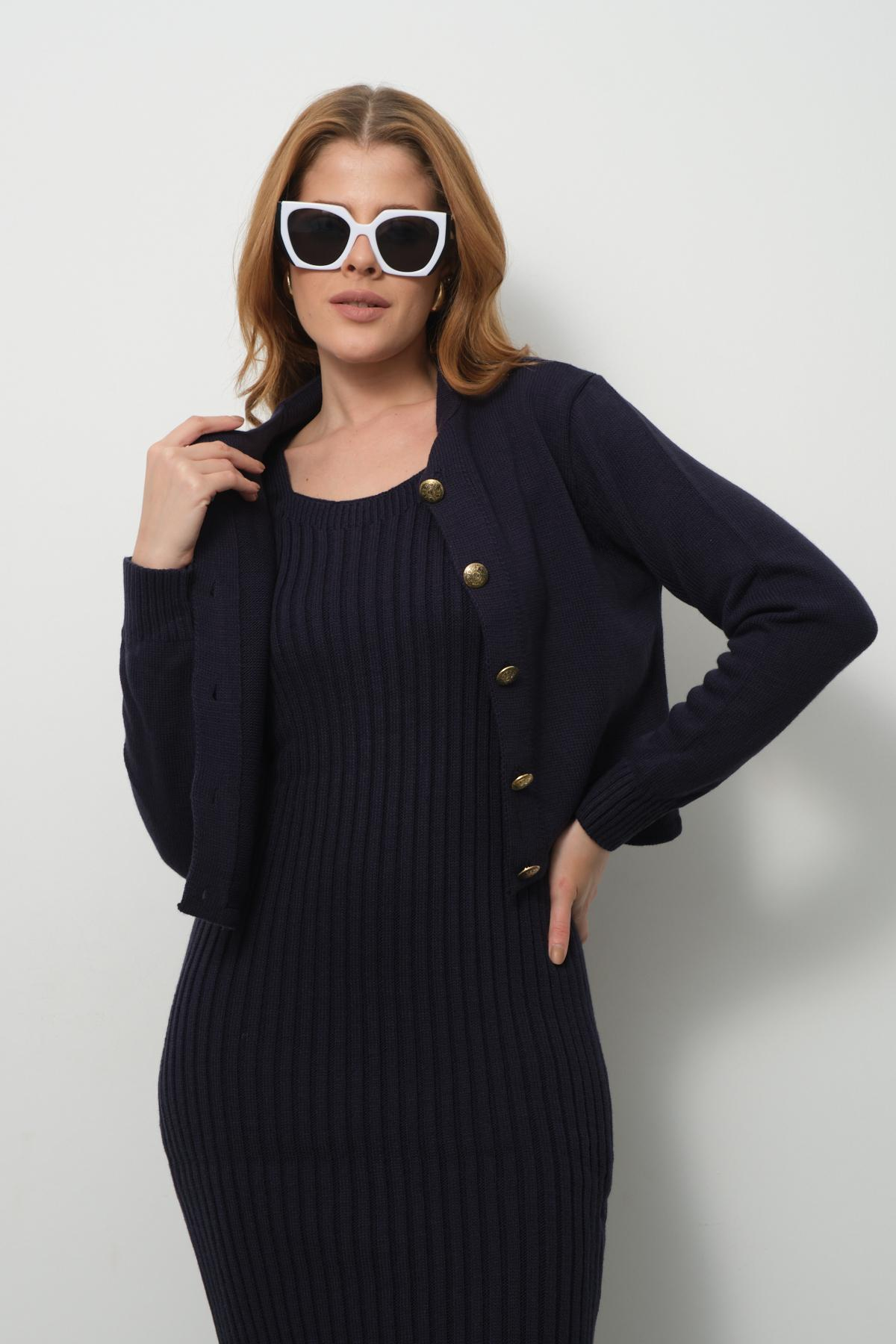 Wholesale Women Navy Knitted Dress and Cardigan Set 713309