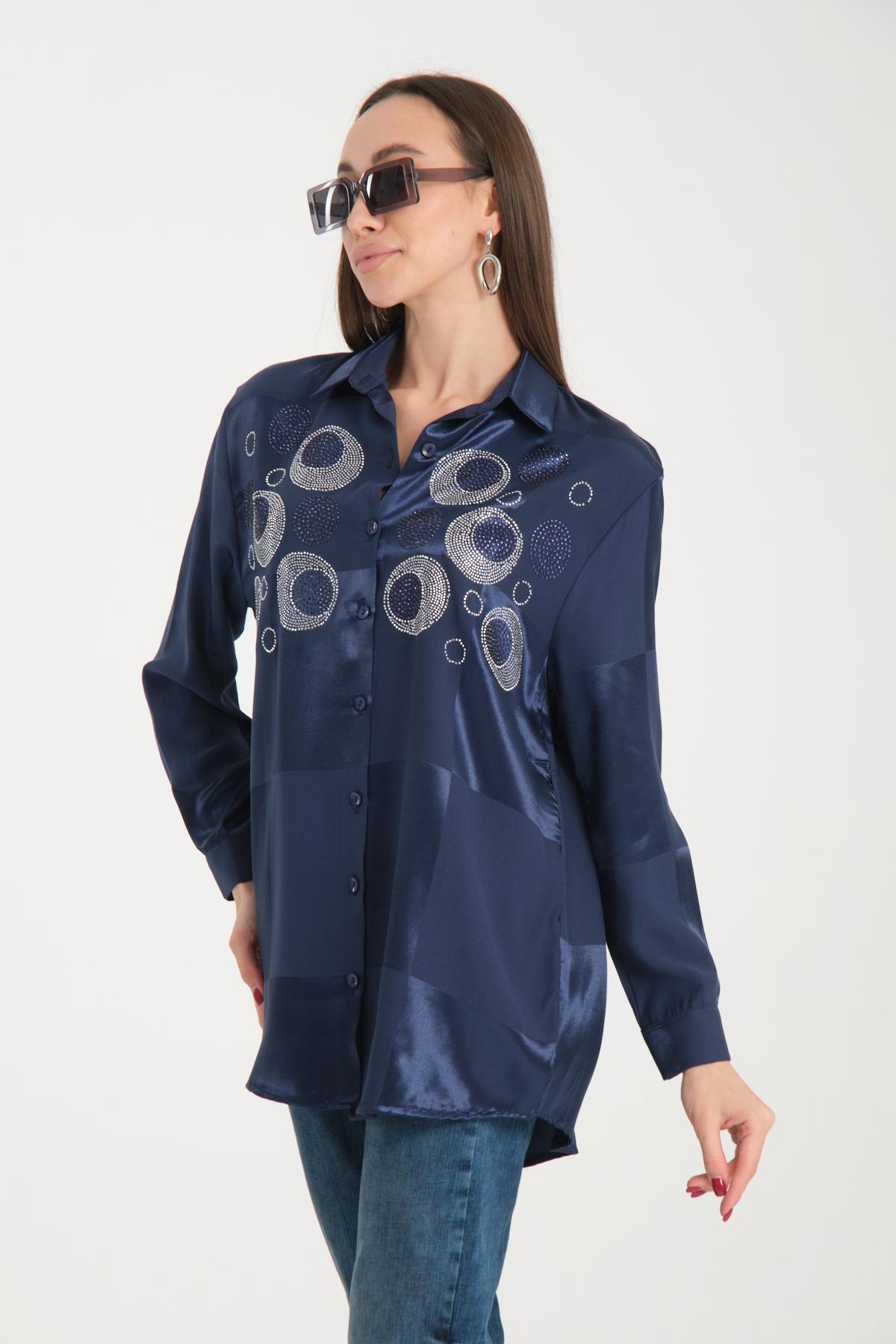 Wholesale Women Navy Rhinestones Satin Shirt 717130