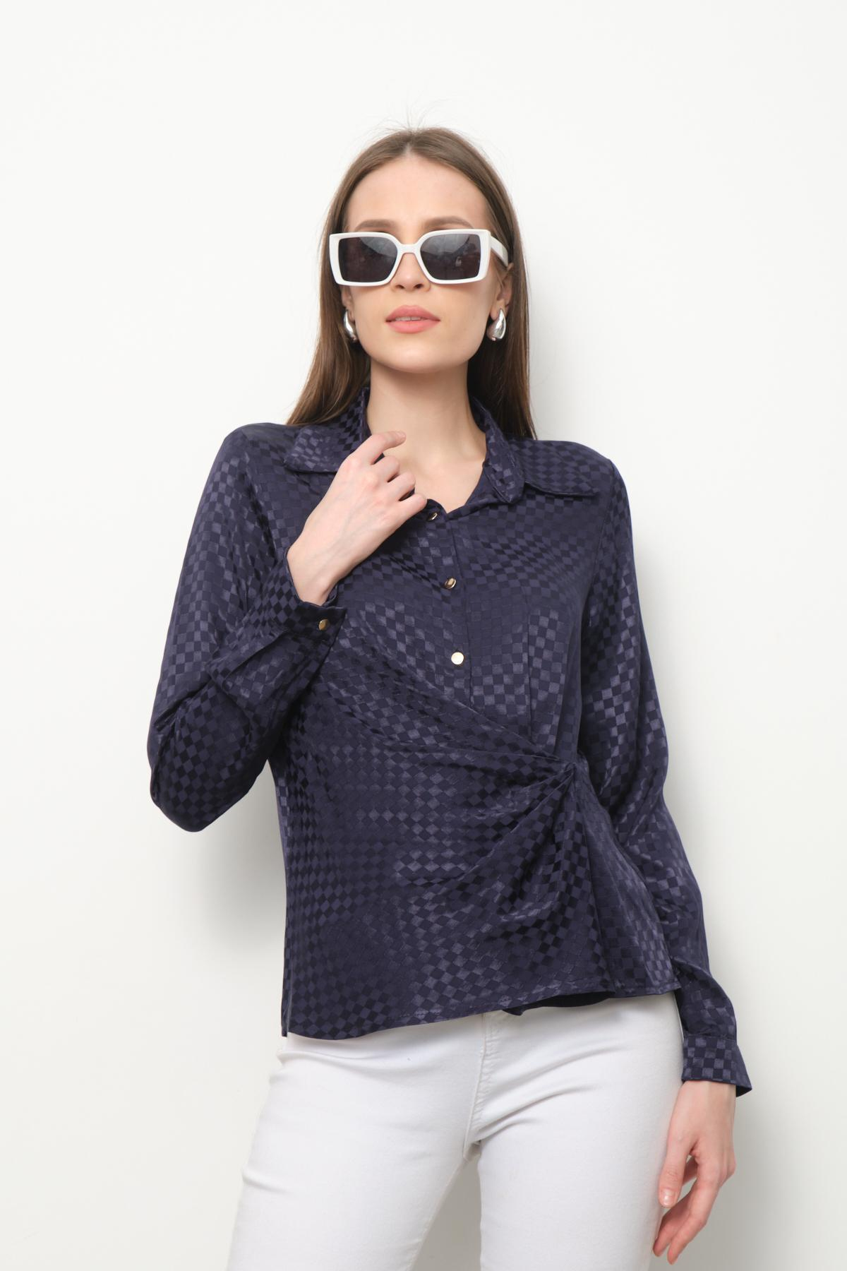 Wholesale Women Navy Satin Shirt with Gathered Front 713696