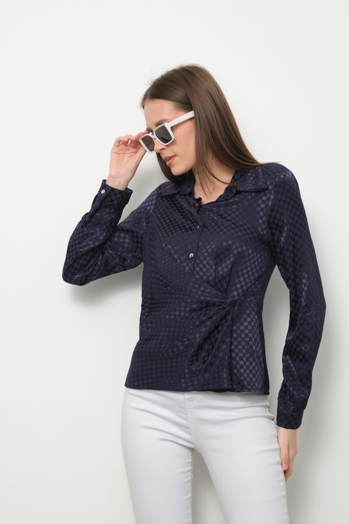 Wholesale Women Navy Satin Shirt with Gathered Front 713696
