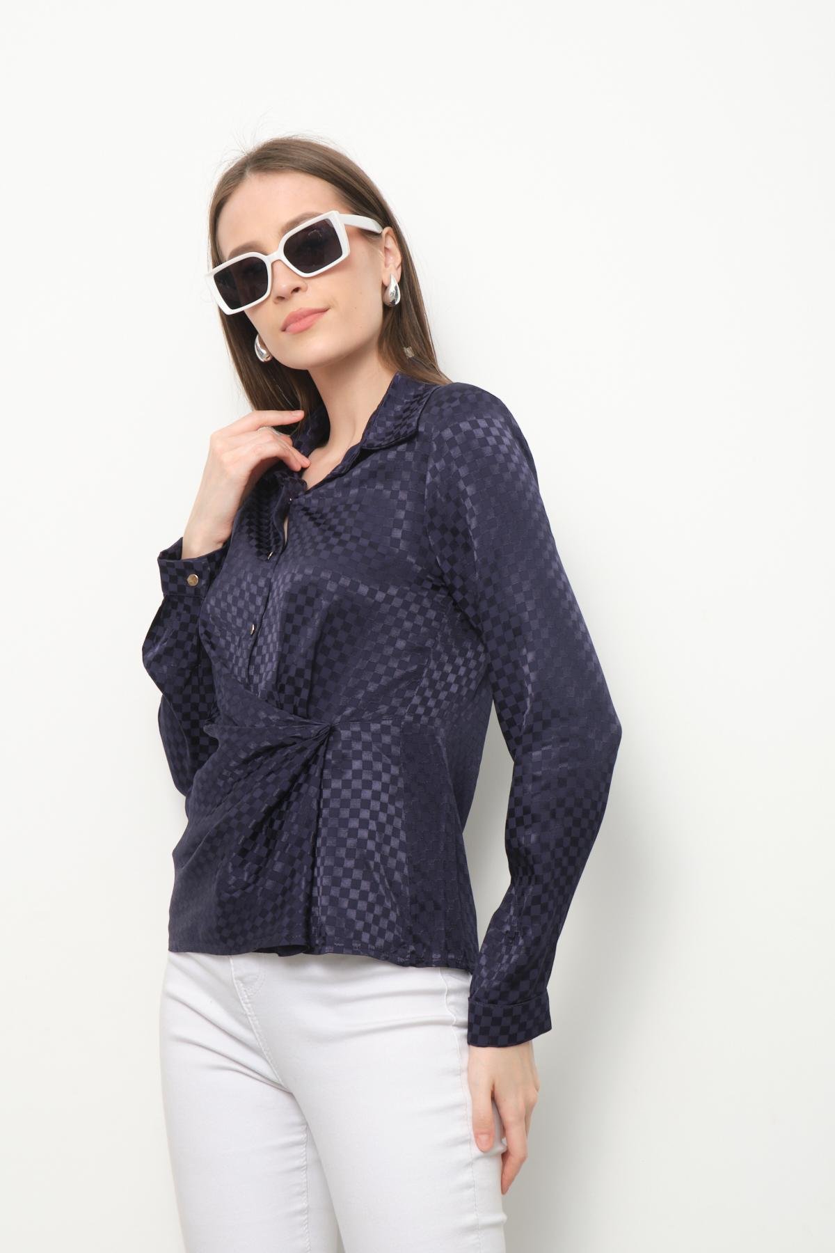 Wholesale Women Navy Satin Shirt with Gathered Front 713696