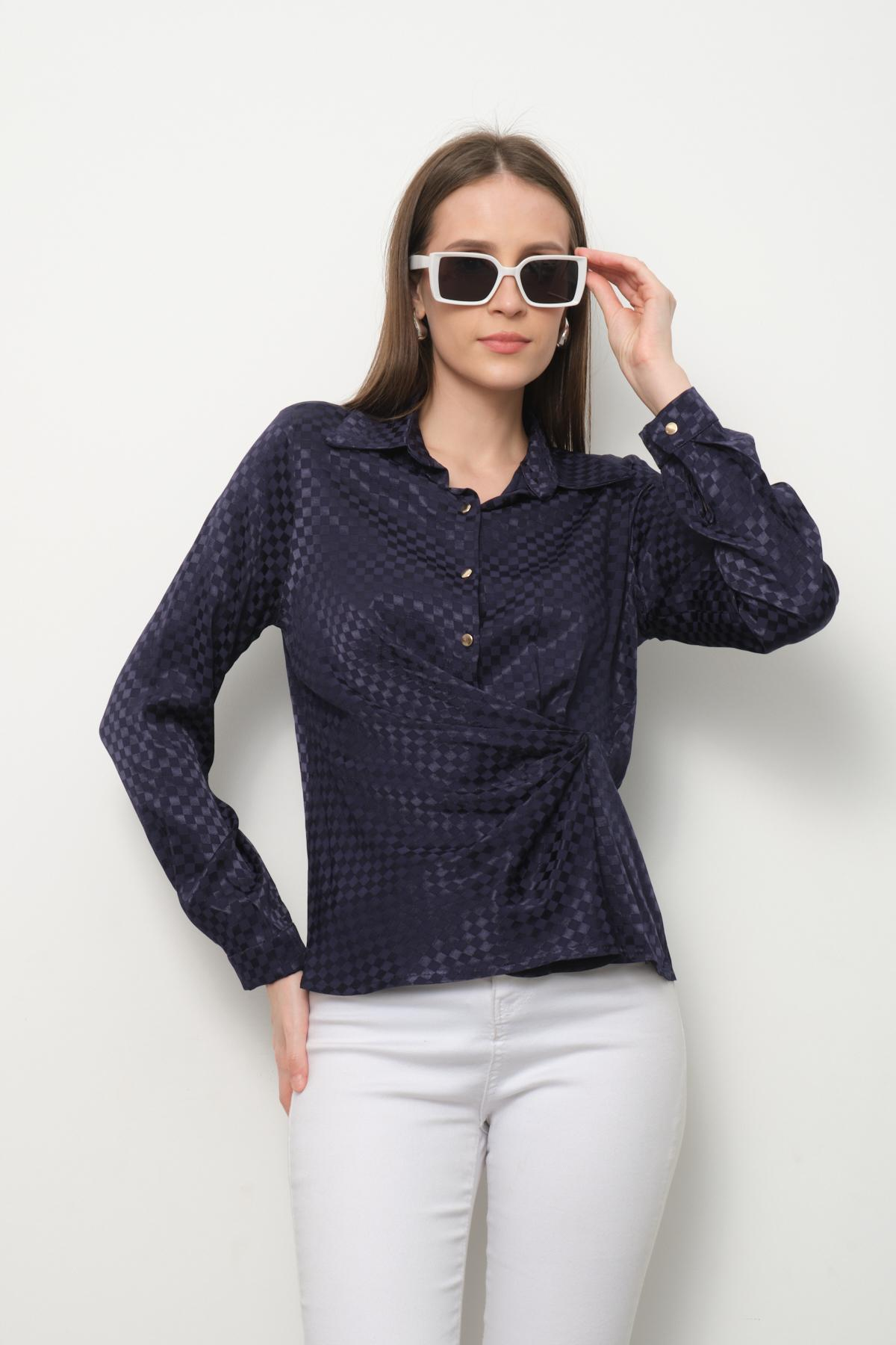 Wholesale Women Navy Satin Shirt with Gathered Front 713696
