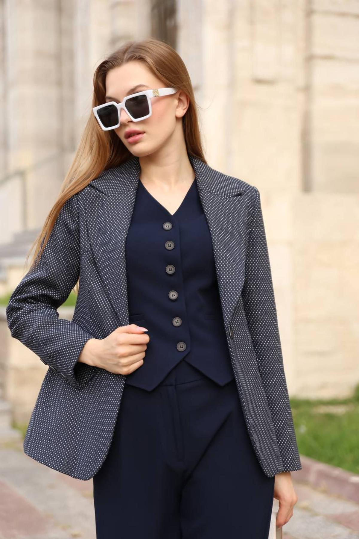Wholesale Women Navy Three Piece Suit Blazer Vest and Pants Set 718305