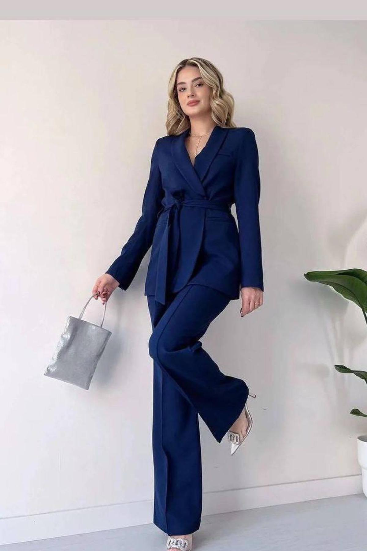 Wholesale Women Navy Two Piece Suit Blazer and Pants Set 728486