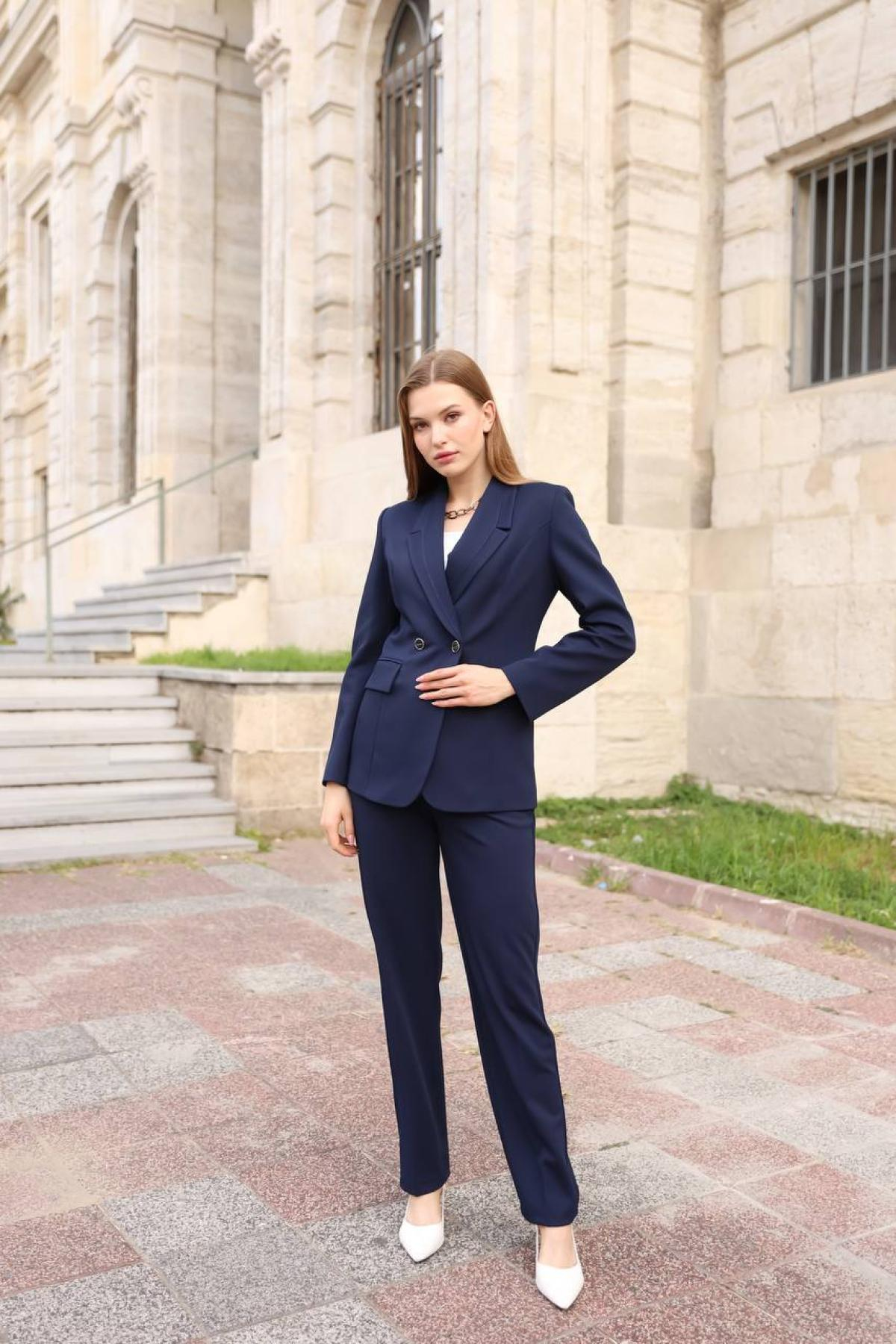 Wholesale Women Navy Two Piece Suit Blazer and Pants Set 718312