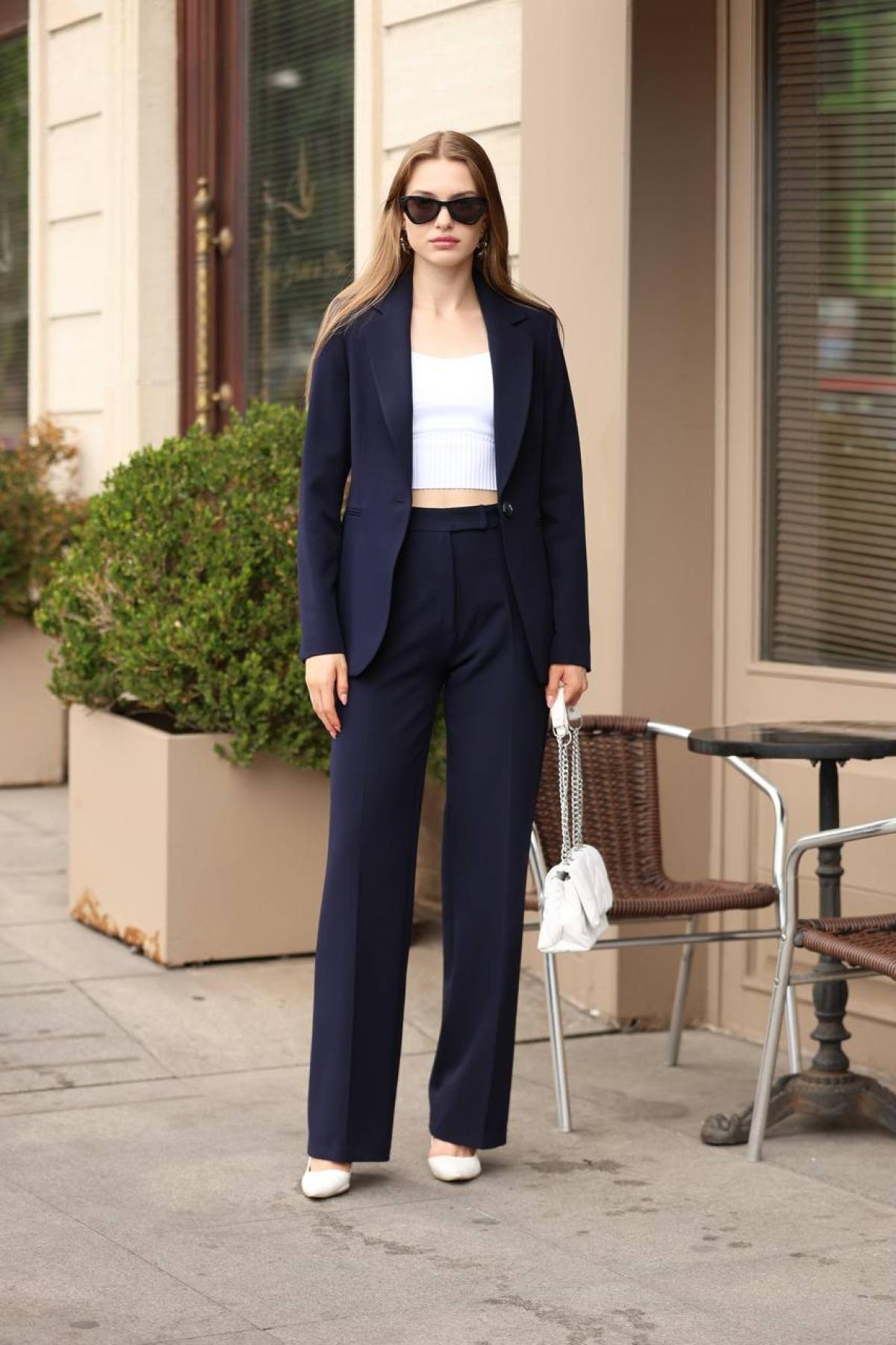 Wholesale Women Navy Two Piece Suit Blazer and Pants Set 718295