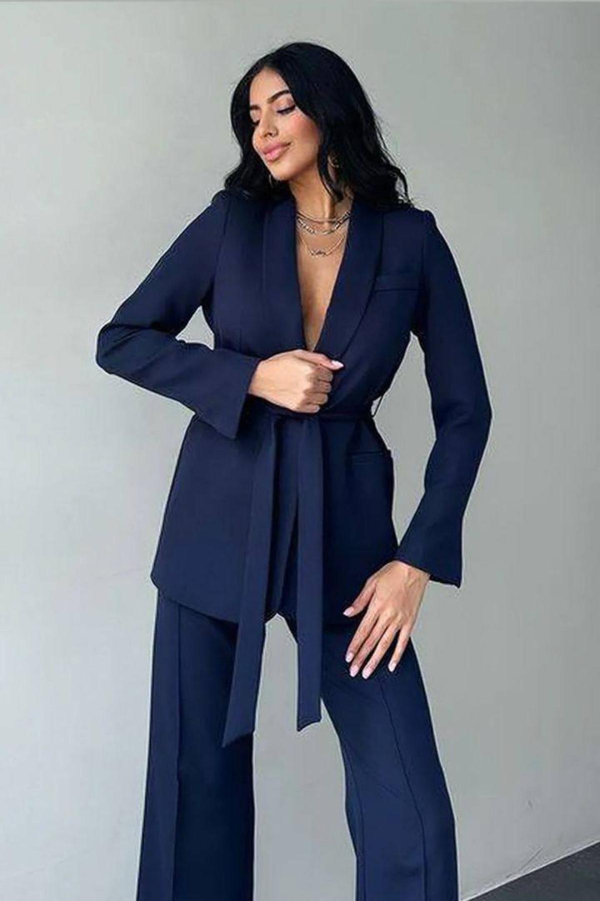 Wholesale Women Navy Two Piece Suit Blazer and Pants Set 728486