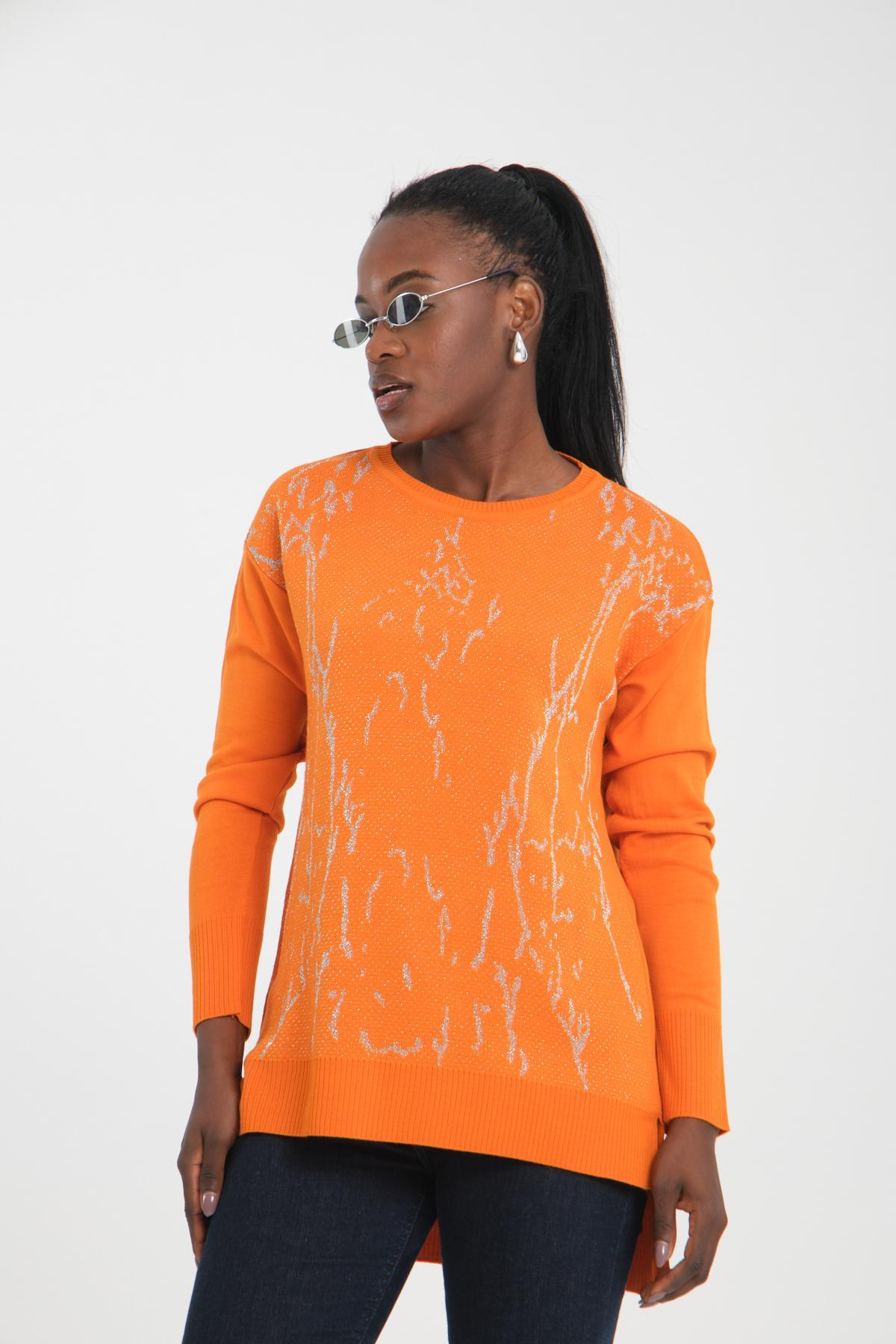 Wholesale Women Orange Glitter Crew-Neck Sweaters 710990