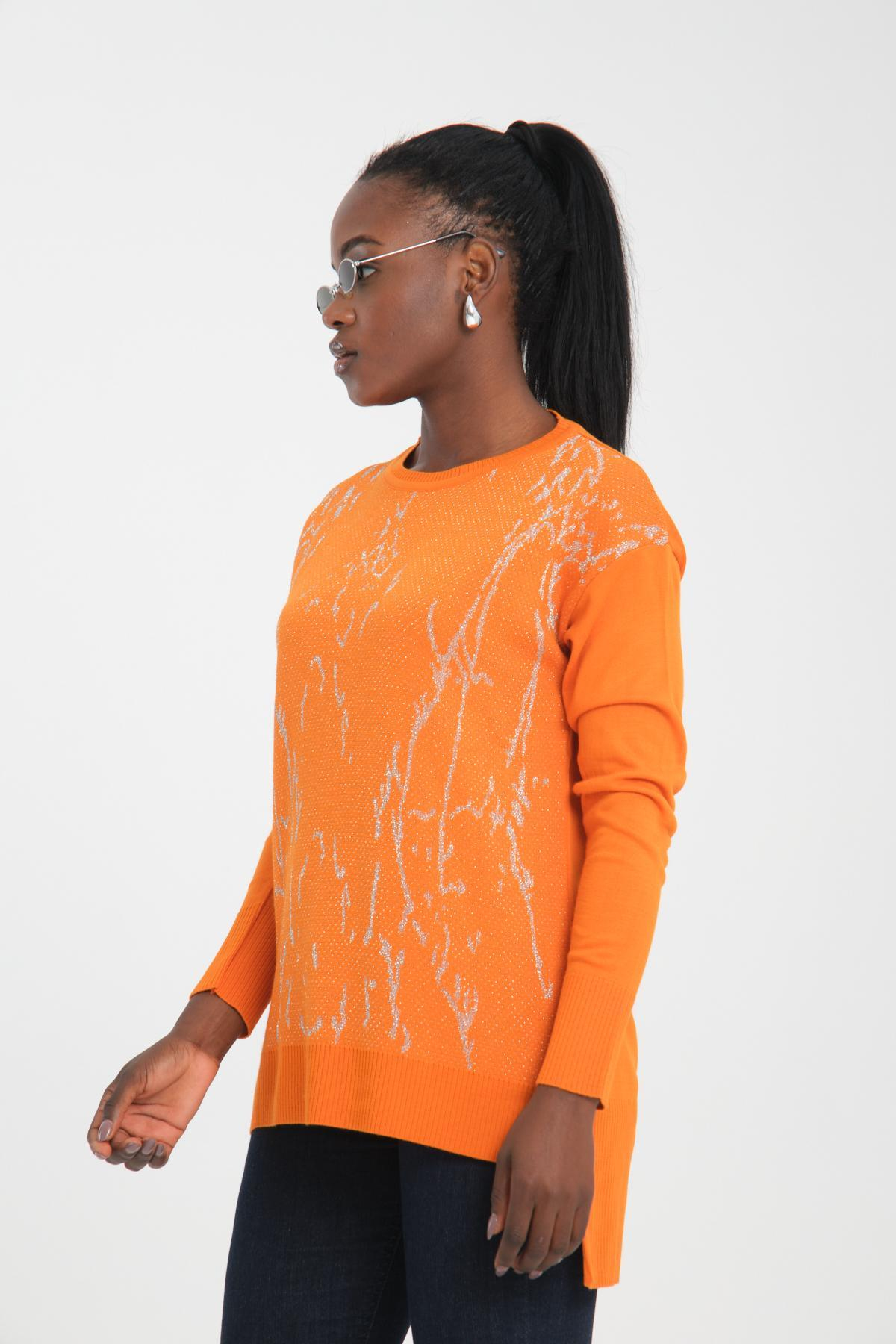 Wholesale Women Orange Glitter Crew-Neck Sweaters 710990