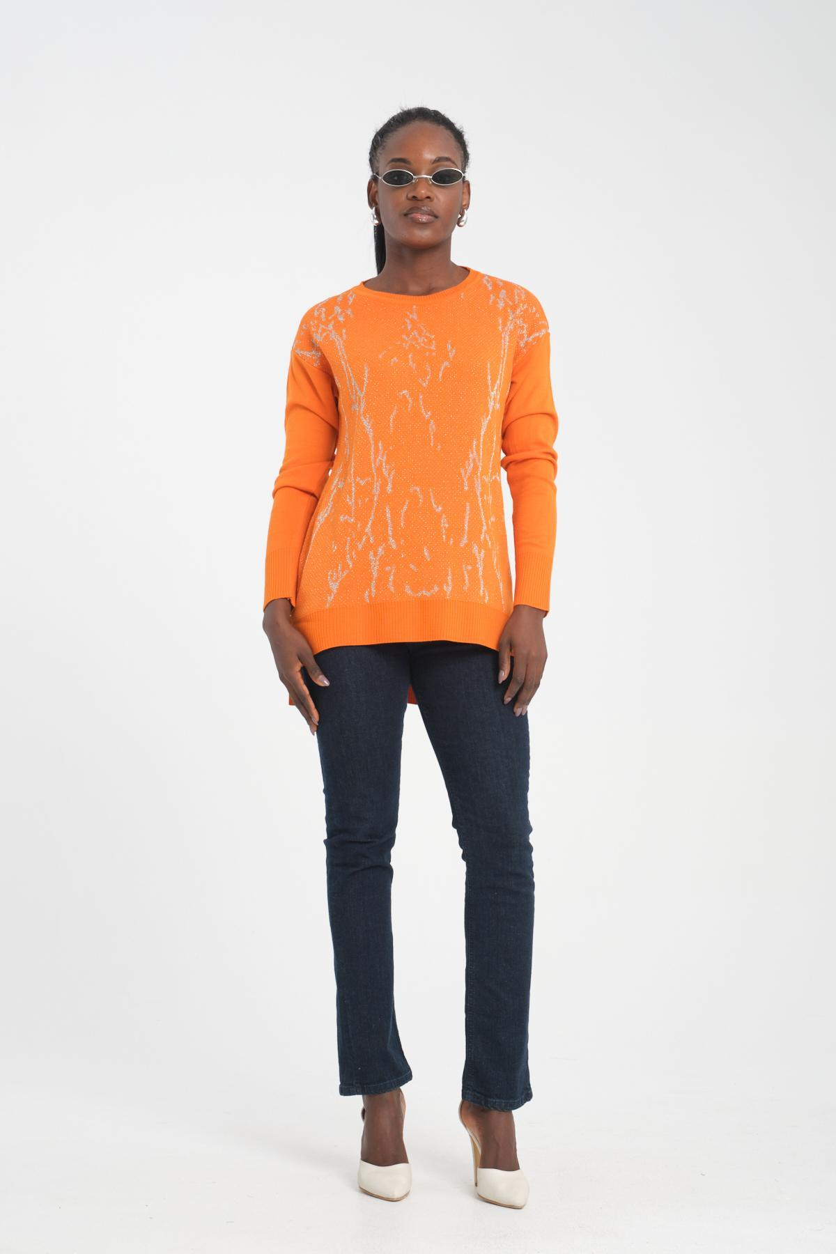 Wholesale Women Orange Glitter Crew-Neck Sweaters 710990