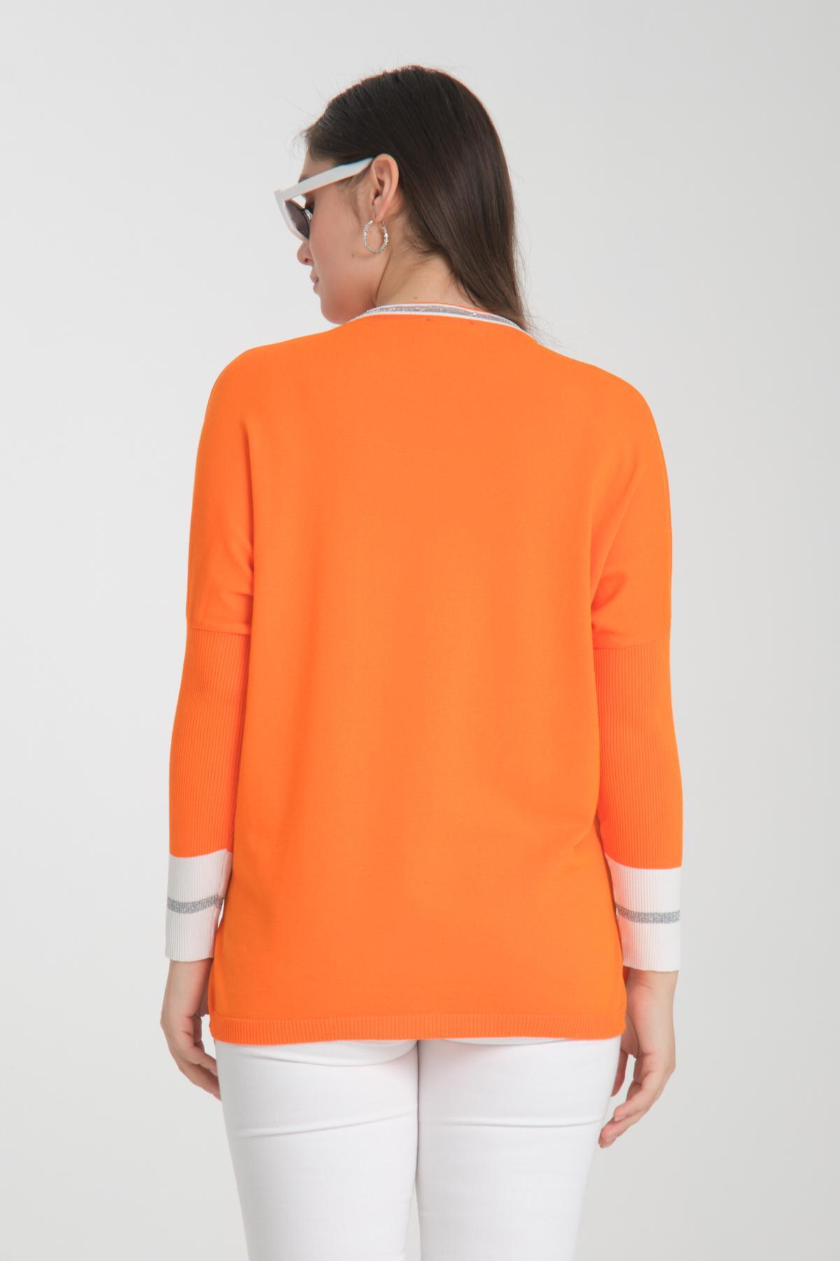 Wholesale Women Orange Glitter Garnished Crew Neck Knit Blouse with Side Slits 722649