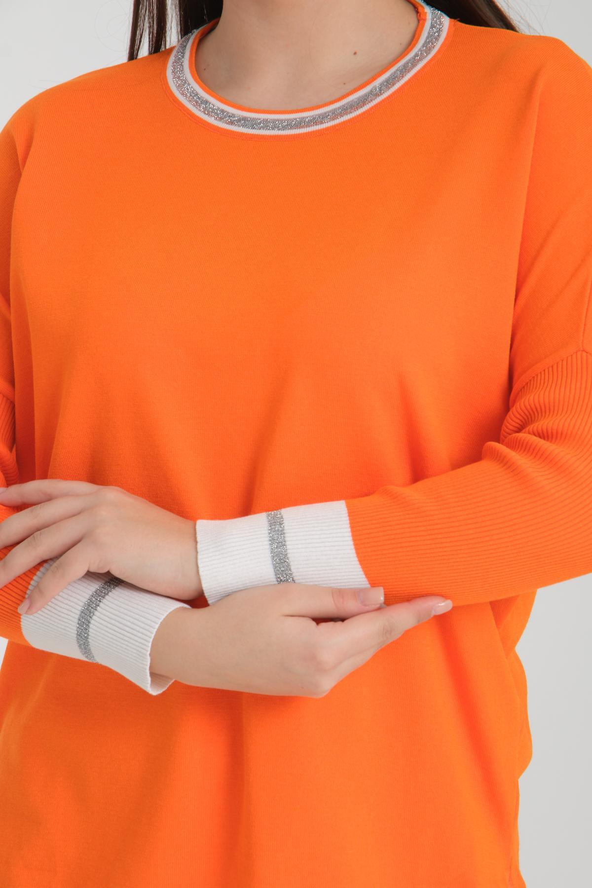 Wholesale Women Orange Glitter Garnished Crew Neck Knit Blouse with Side Slits 722649