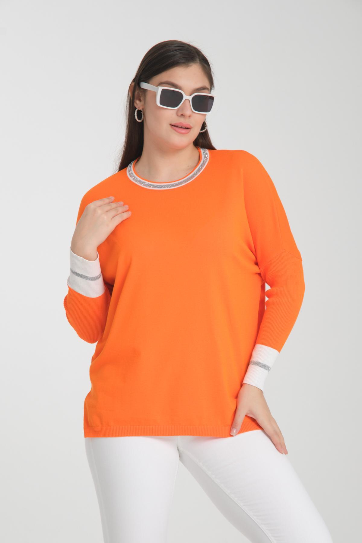 Wholesale Women Orange Glitter Garnished Crew Neck Knit Blouse with Side Slits 722649