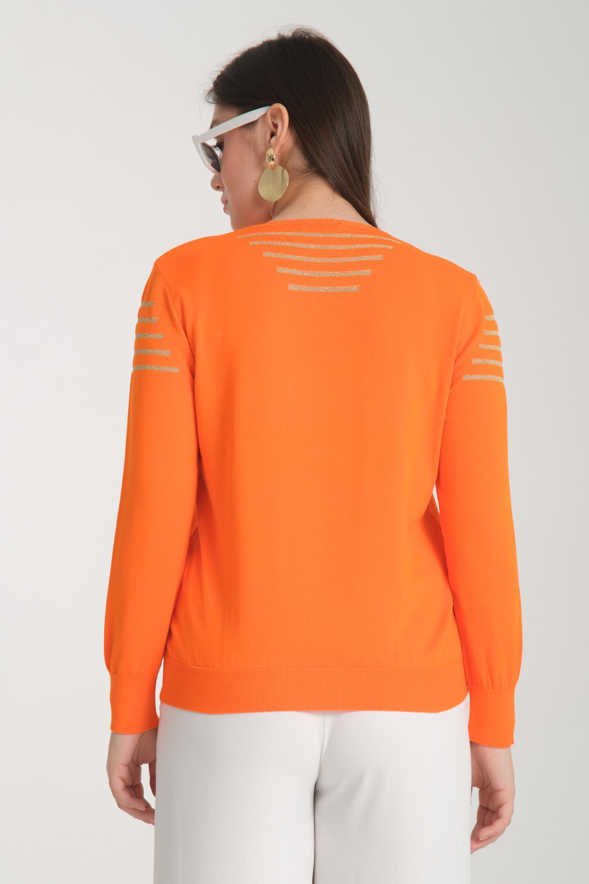 Wholesale Women Orange Glitter Garnished V Neck Knit Blouse 722623