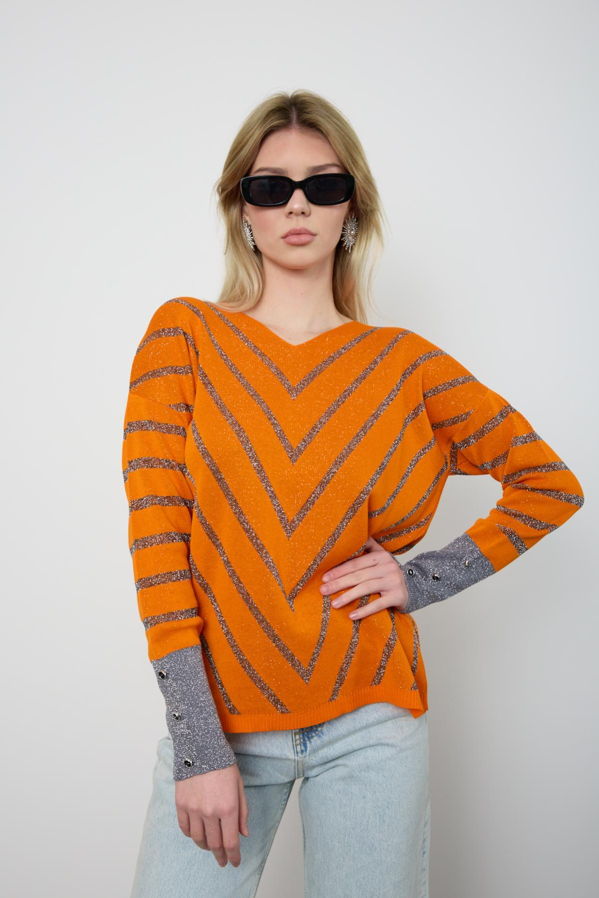 Wholesale Women Orange Glitter V Neck Knit Blouse with Buttons on Sleeves 724825