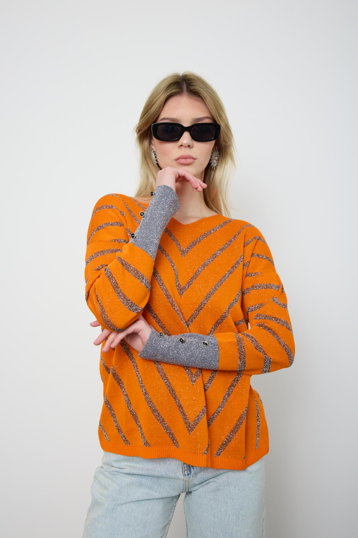 Wholesale Women Orange Glitter V Neck Knit Blouse with Buttons on Sleeves 724825