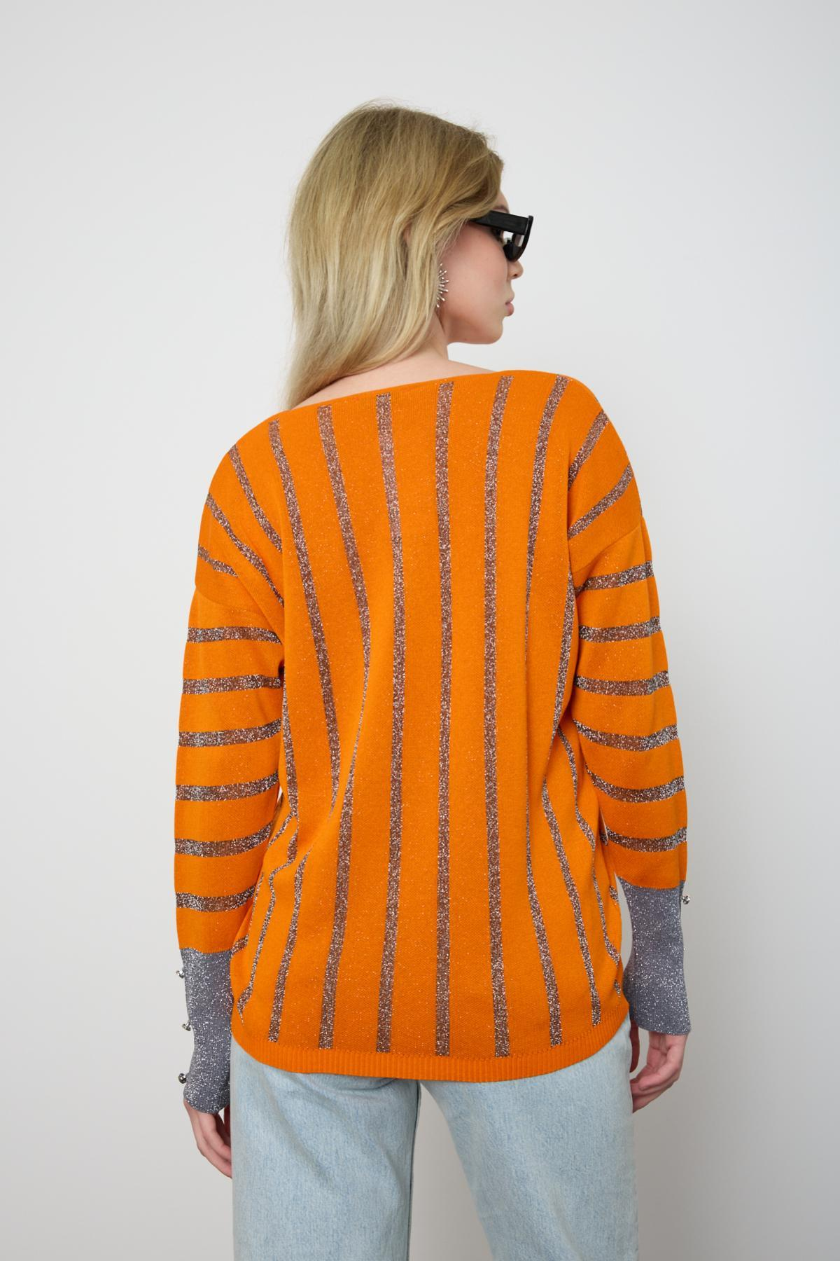 Wholesale Women Orange Glitter V Neck Knit Blouse with Buttons on Sleeves 724825