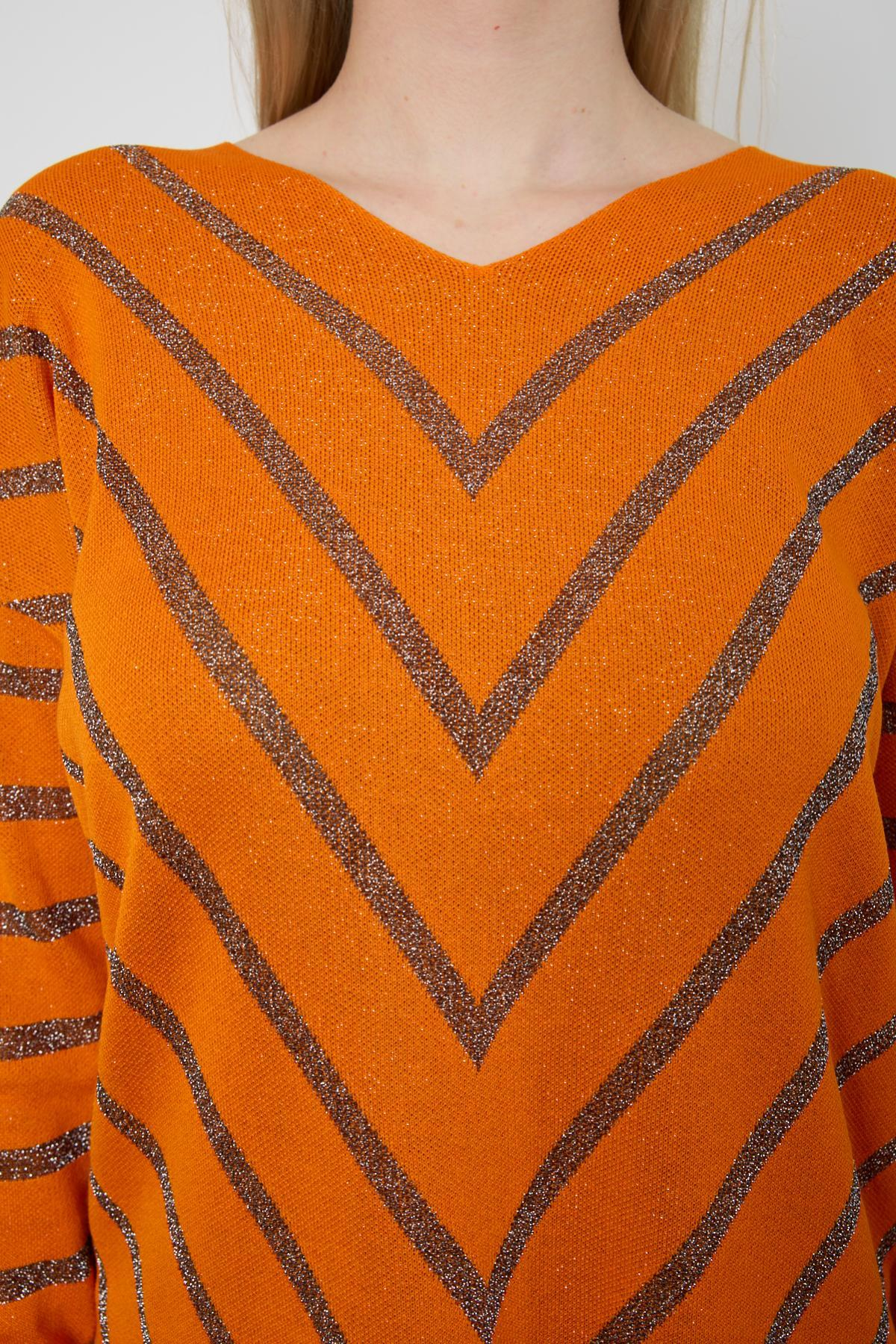 Wholesale Women Orange Glitter V Neck Knit Blouse with Buttons on Sleeves 724825