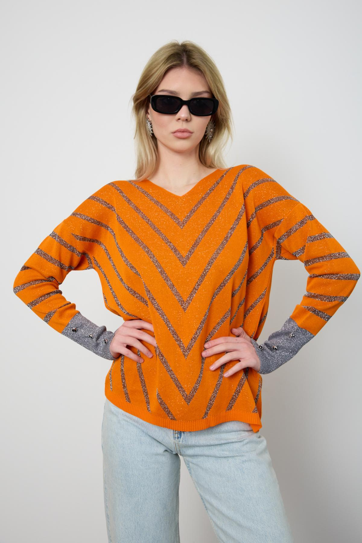 Wholesale Women Orange Glitter V Neck Knit Blouse with Buttons on Sleeves 724825