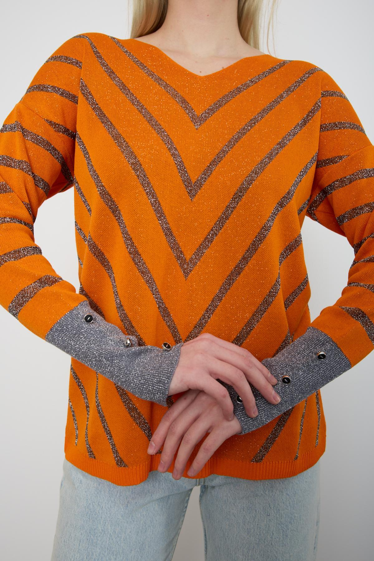 Wholesale Women Orange Glitter V Neck Knit Blouse with Buttons on Sleeves 724825