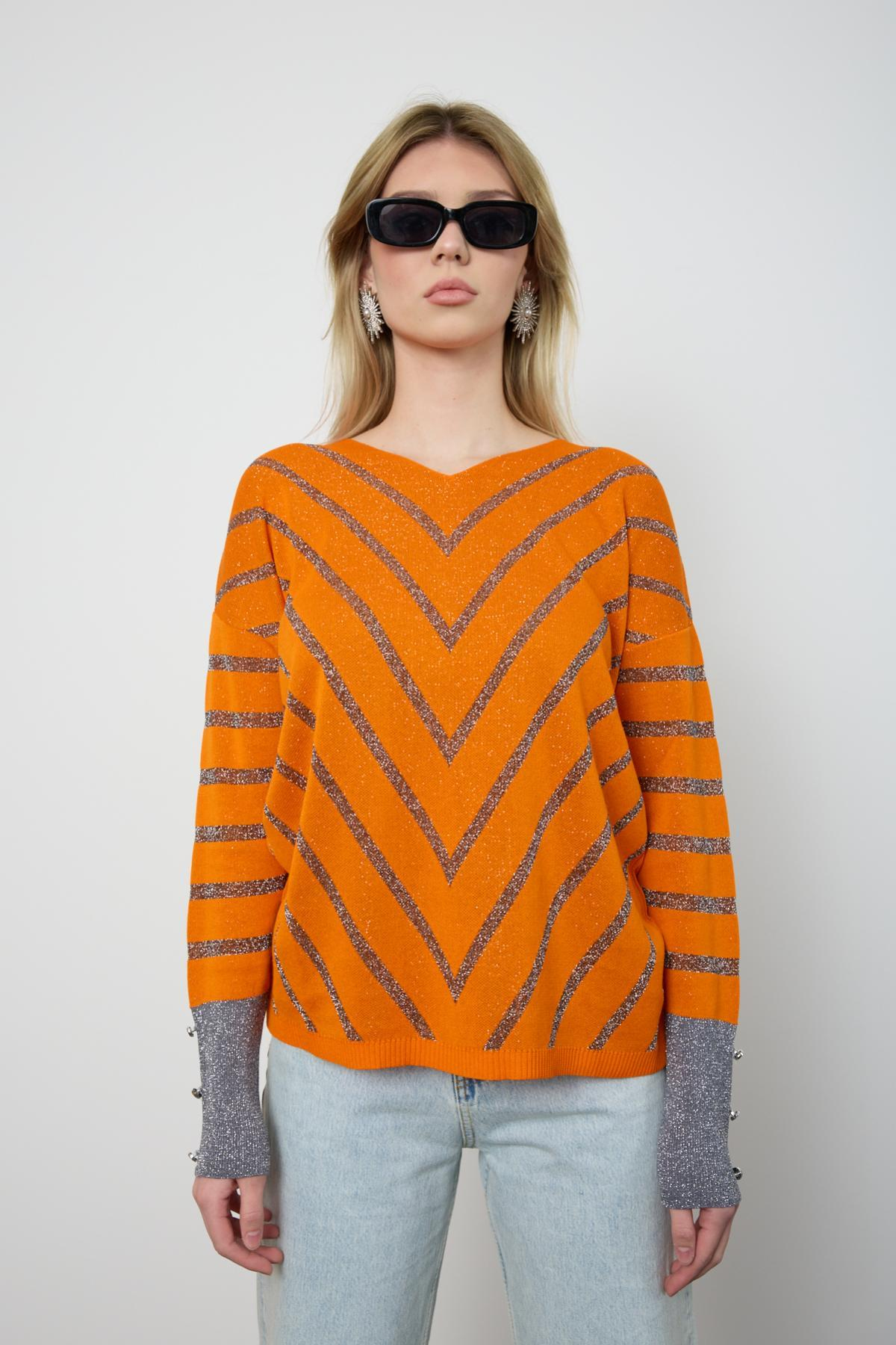 Wholesale Women Orange Glitter V Neck Knit Blouse with Buttons on Sleeves 724825