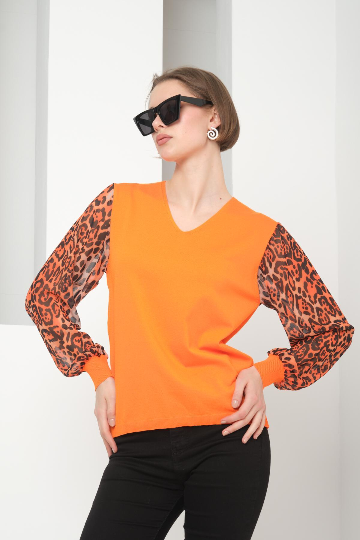 Wholesale Women Orange V Neck Knit Blouse with Chiffon Sleeves 724780