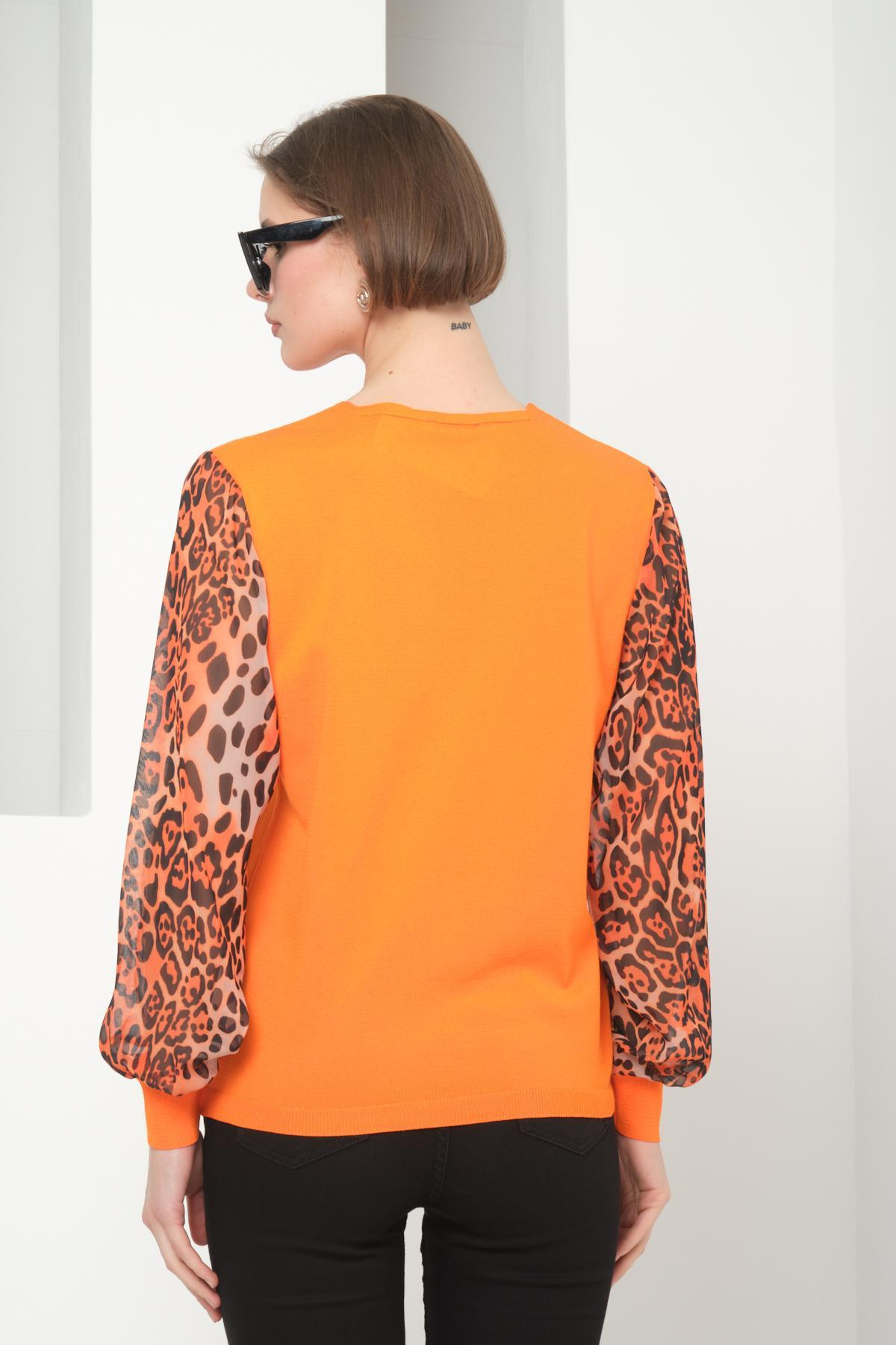 Wholesale Women Orange V Neck Knit Blouse with Chiffon Sleeves 724780