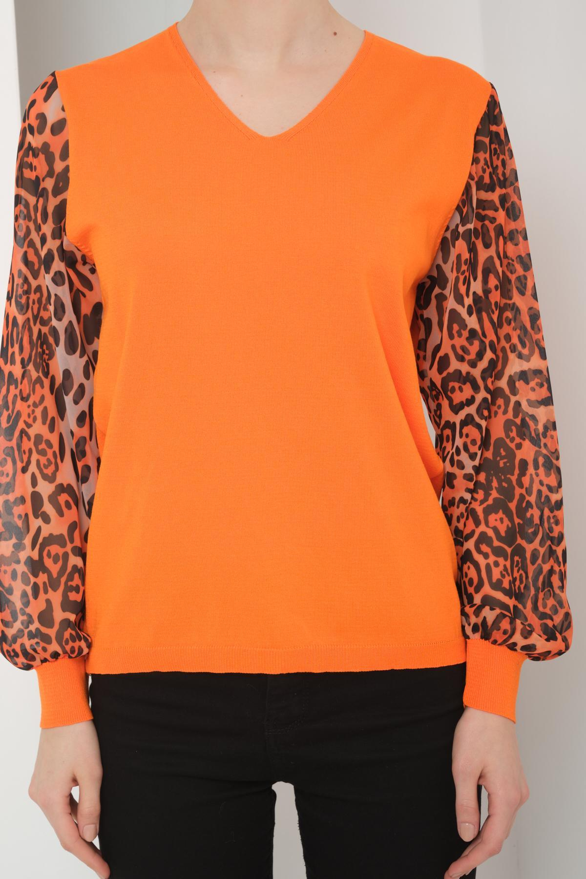 Wholesale Women Orange V Neck Knit Blouse with Chiffon Sleeves 724780