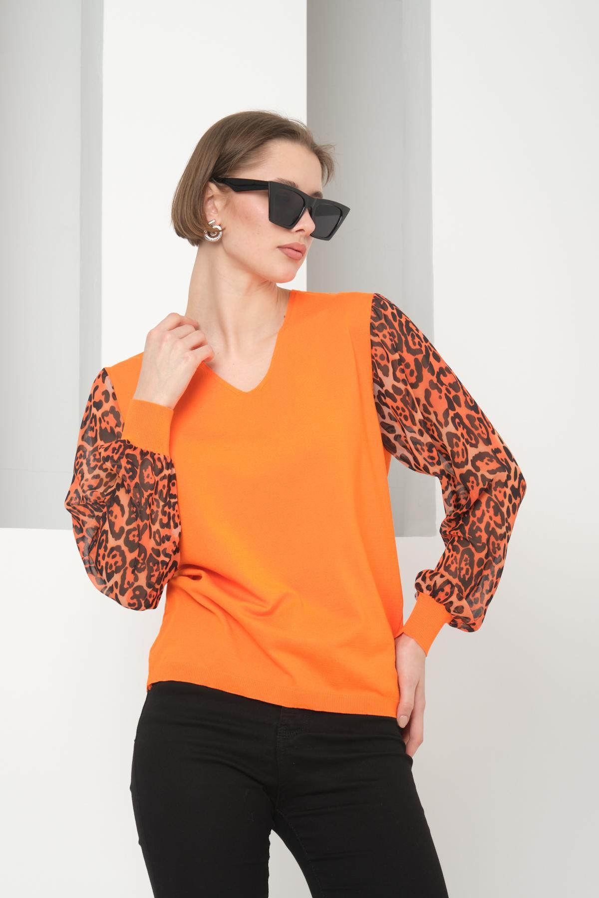 Wholesale Women Orange V Neck Knit Blouse with Chiffon Sleeves 724780