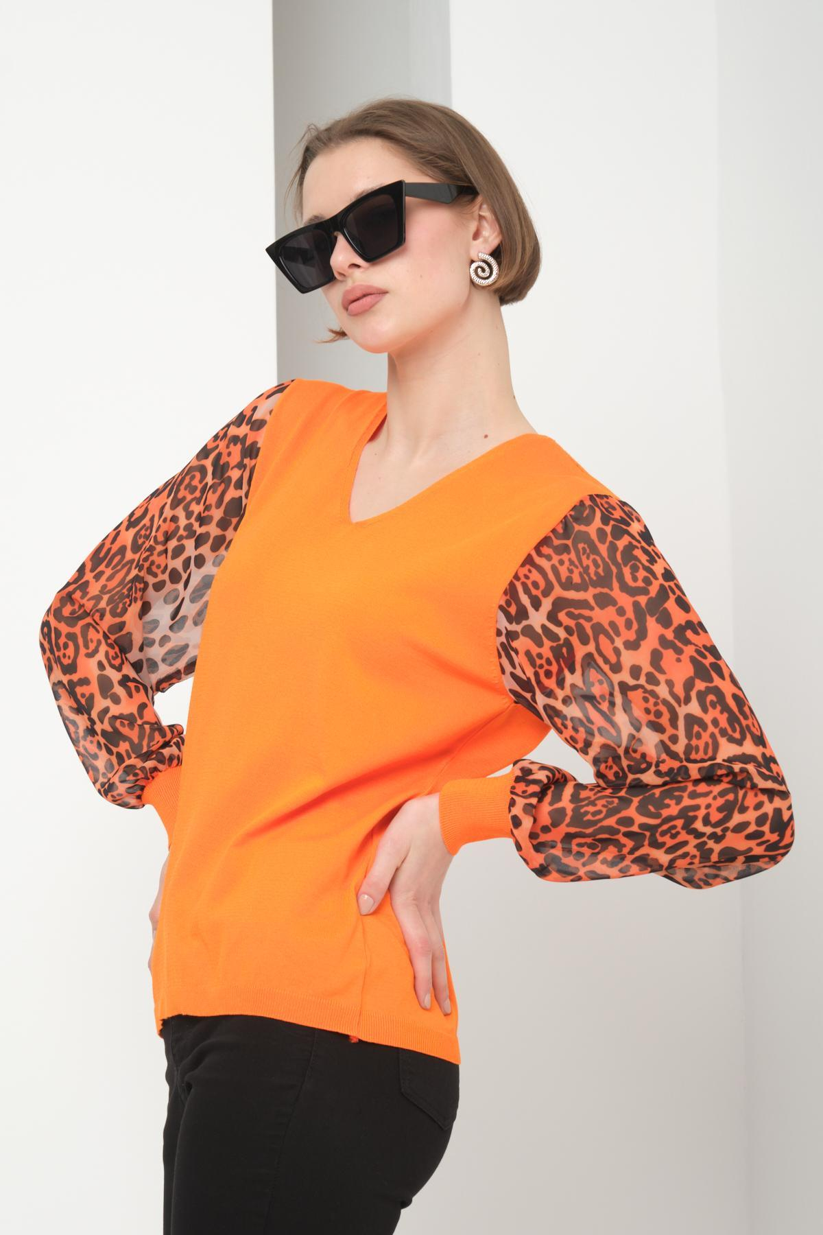 Wholesale Women Orange V Neck Knit Blouse with Chiffon Sleeves 724780