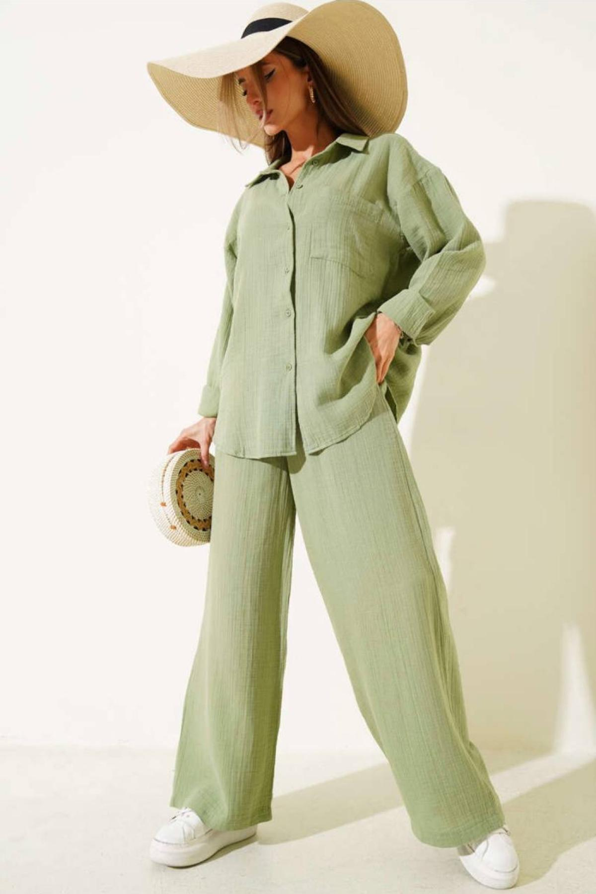 Wholesale Women Pastel Mint Muslin Fabric Shirt Trouser Set 731155