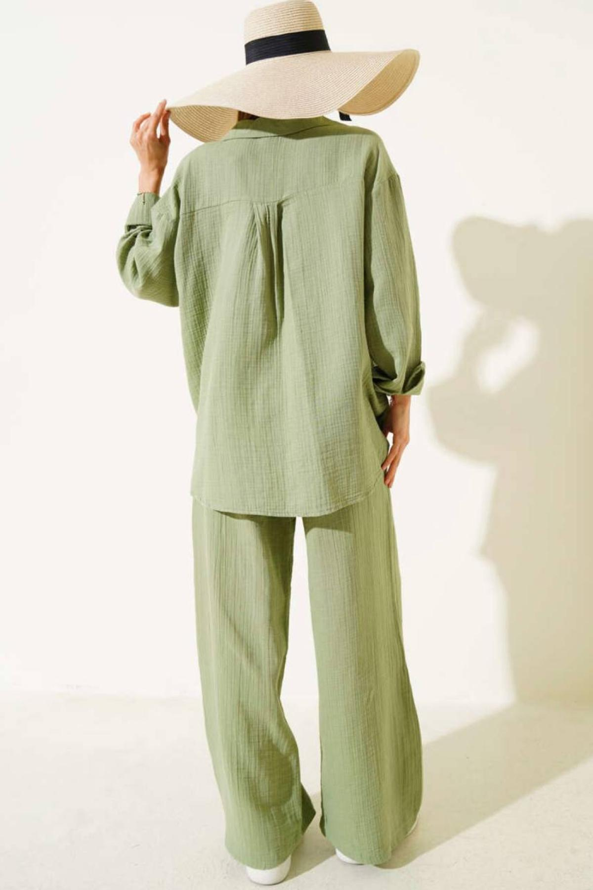 Wholesale Women Pastel Mint Muslin Fabric Shirt Trouser Set 731155