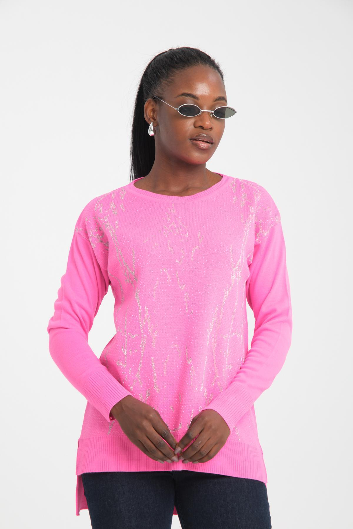 Wholesale Women Pink Glitter Crew-Neck Sweaters 710991