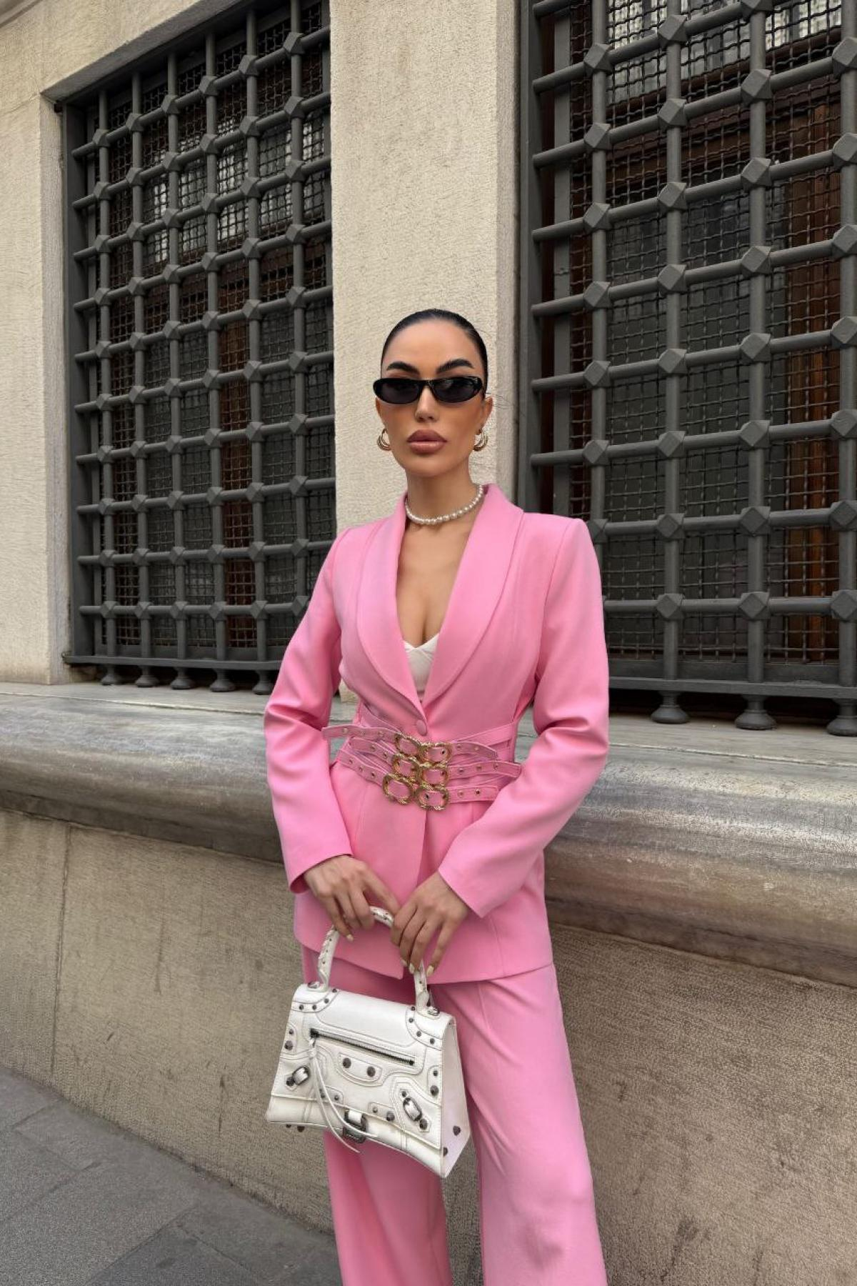 Wholesale Women Pink Two Piece Suit Blazer and Pants Set 737346