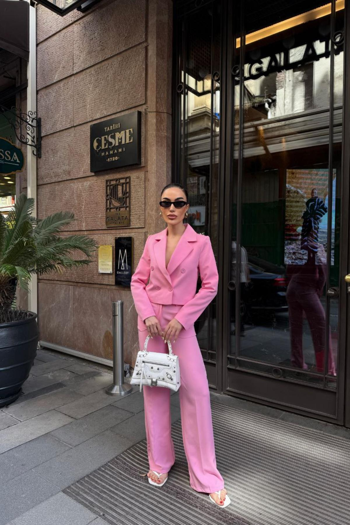 Wholesale Women Pink Yellow Two Piece Suit Blazer and Pants Set 737337