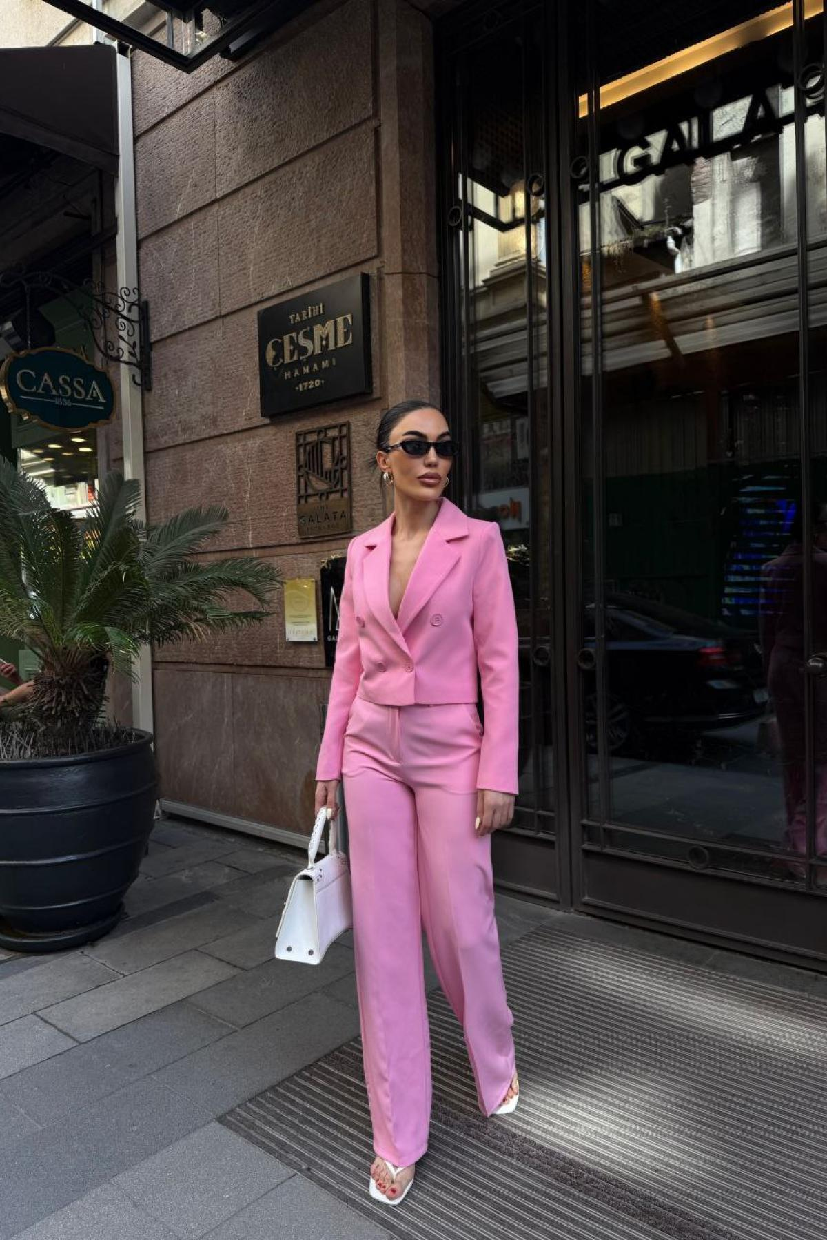 Wholesale Women Pink Yellow Two Piece Suit Blazer and Pants Set 737337