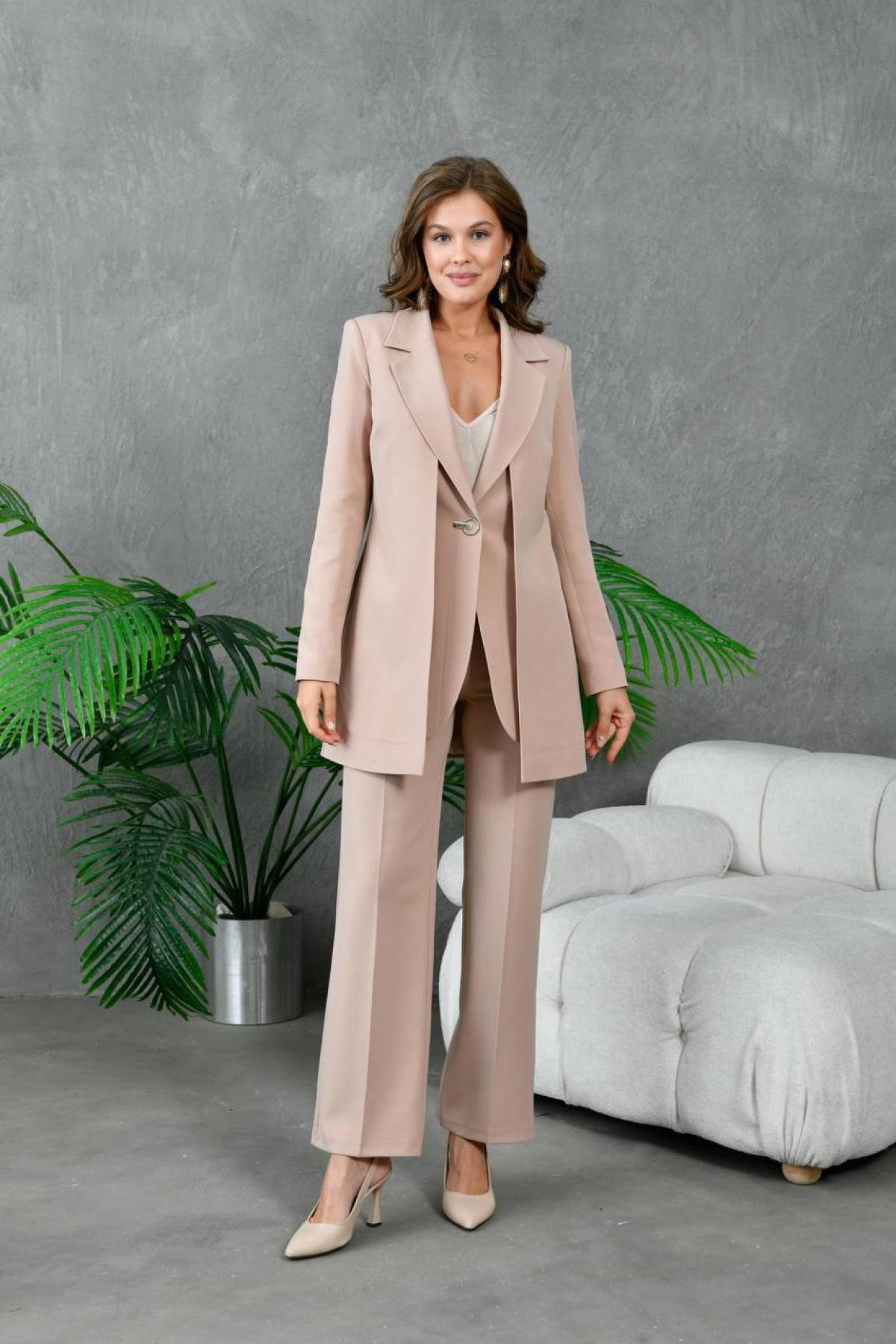 Wholesale Women Plus Size Beige Two Piece Suit - Blazer and Pants Set 733484