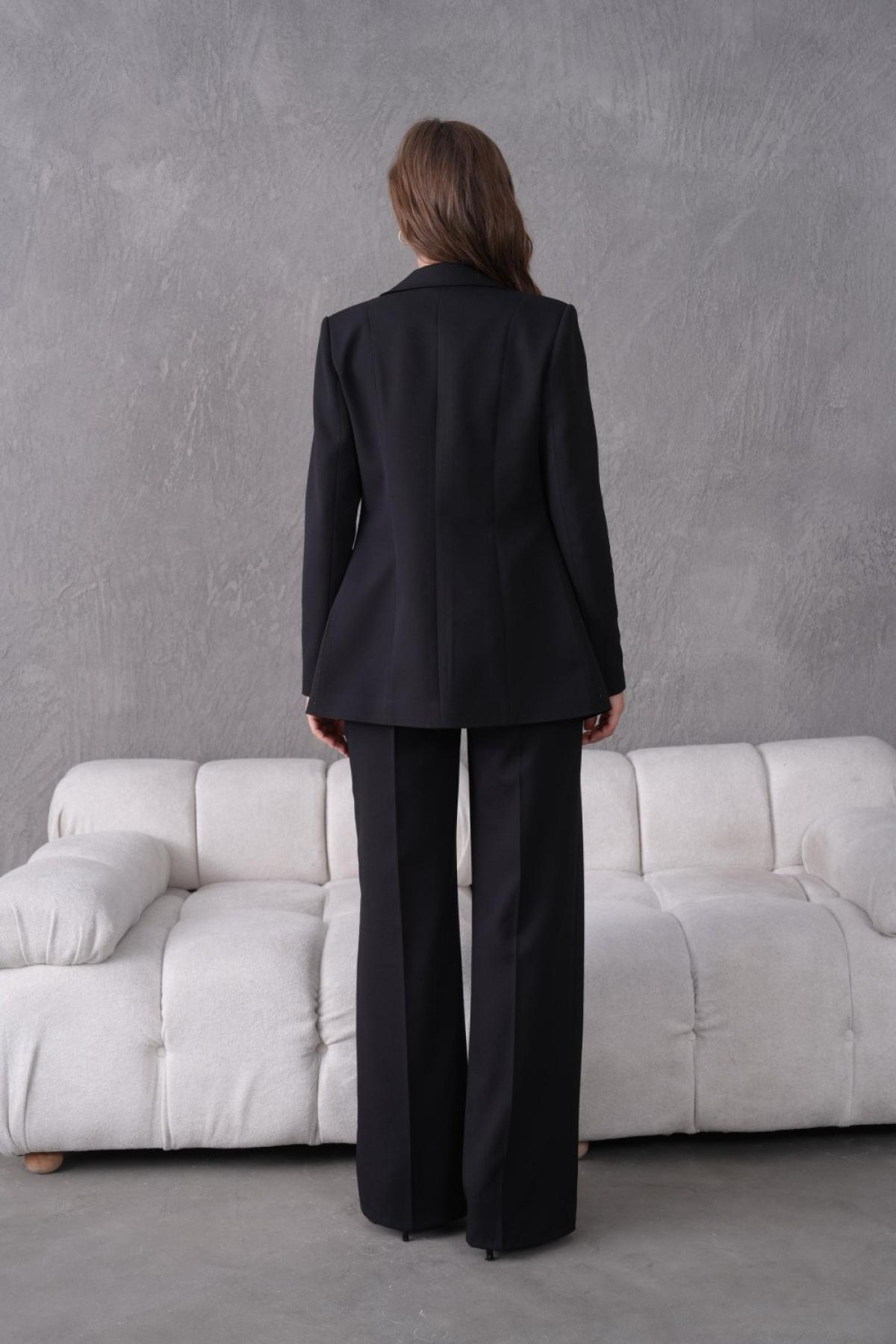 Wholesale Women Plus Size Black Rhinestone Embroidered Two Piece Suit  Blazer and Pants Set 737183