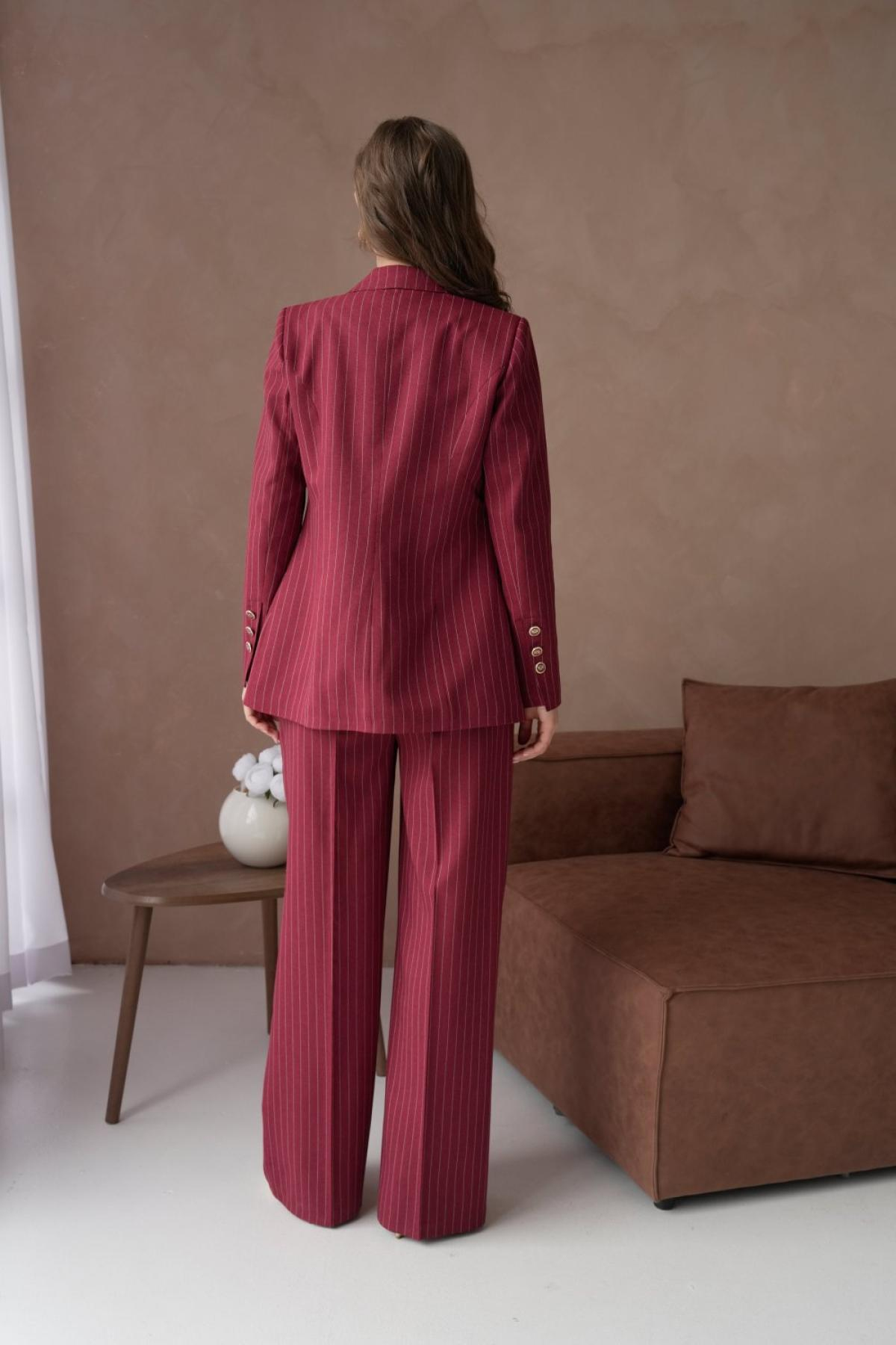 Wholesale Women Plus Size Burgundy Striped Patterned Two Piece Suit Blazer and Pants Set 737231