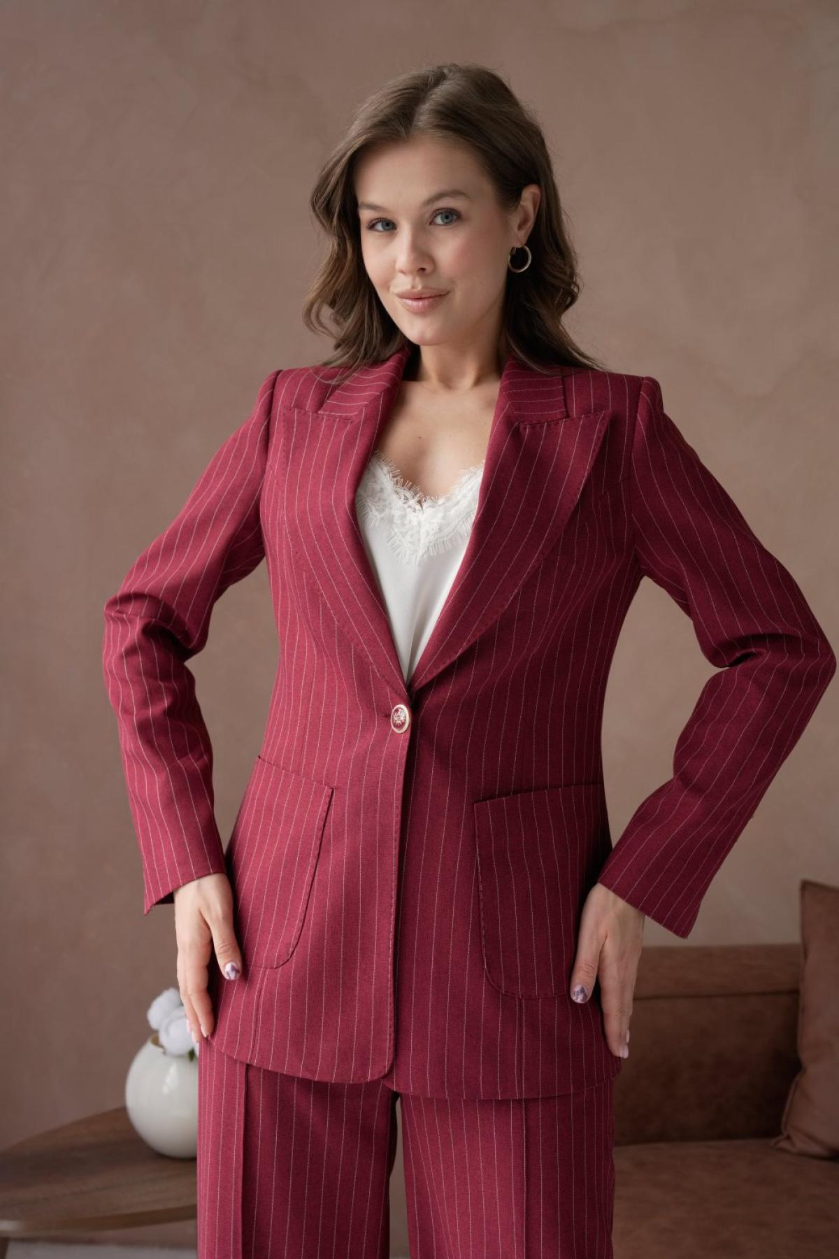 Wholesale Women Plus Size Burgundy Striped Patterned Two Piece Suit Blazer and Pants Set 737231