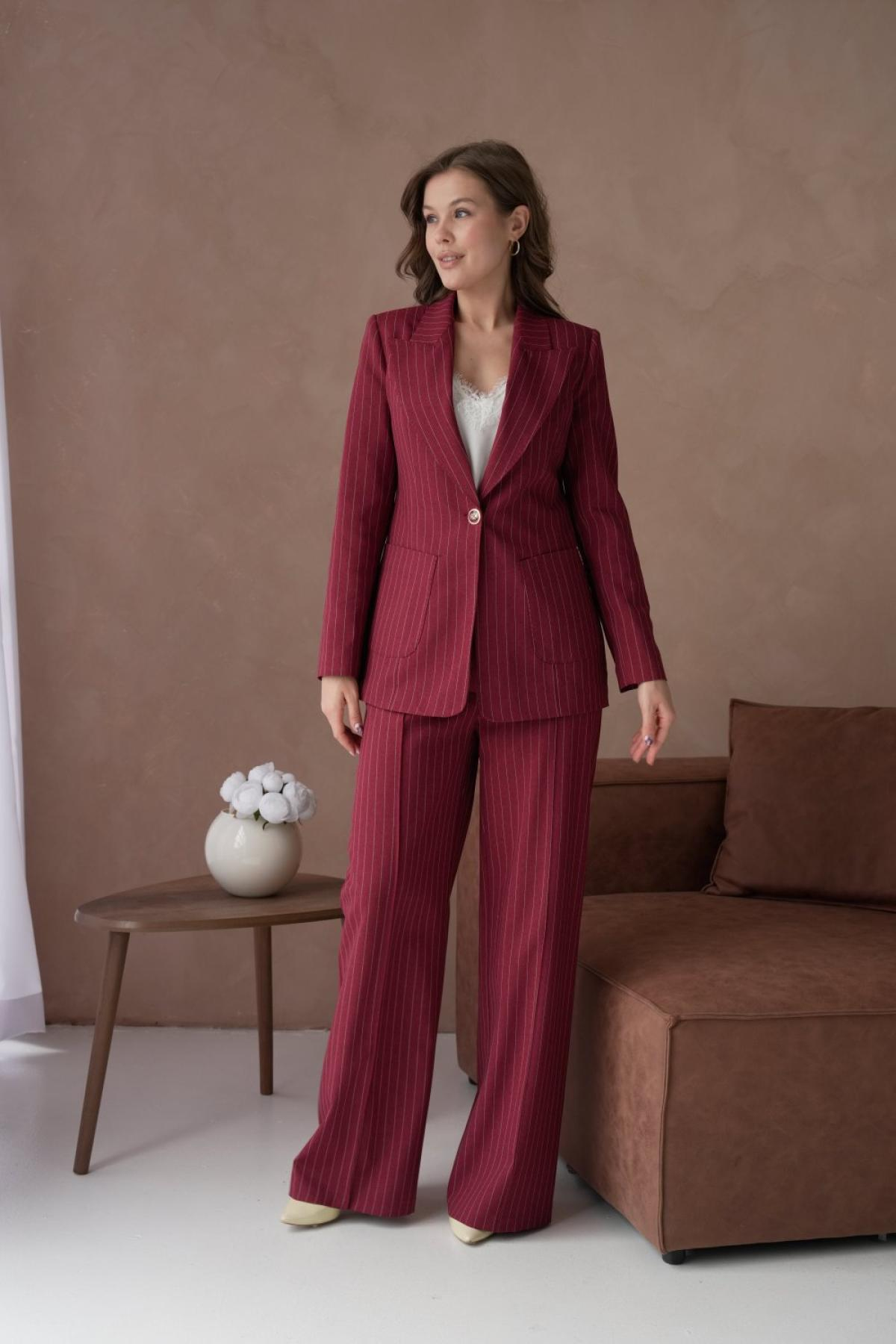 Wholesale Women Plus Size Burgundy Striped Patterned Two Piece Suit Blazer and Pants Set 737231